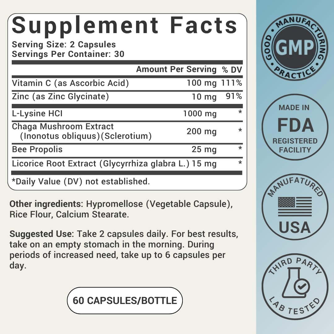 L-Lysine Cold Sore Treatment For Lips With Immune Support - L Lysine 1000mg Capsules, Chaga, Bee Propolis, Vitamin C, Zinc & Licorice Root Extract - Non-GMO, Vegetarian, - dailyvitalstore