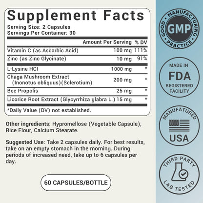 L-Lysine Cold Sore Treatment For Lips With Immune Support - L Lysine 1000mg Capsules, Chaga, Bee Propolis, Vitamin C, Zinc & Licorice Root Extract - Non-GMO, Vegetarian, - dailyvitalstore