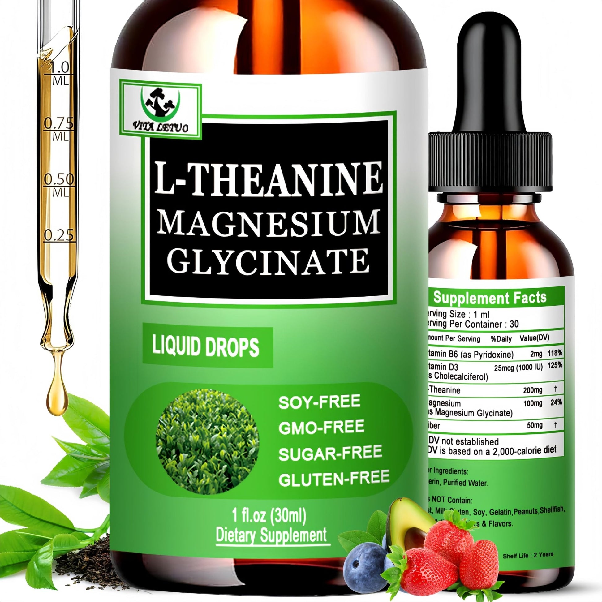 L Theanine Drops, Liquid L-Theanine Supplement 200mg w/Magnesium Glycinate,Vitamins,Fiber for Relaxation,Sleep,Digestion, Calm,High Absorption Mood Support for Adults & Kids,Plant Based,Non-GMO - dailyvitalstore
