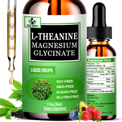 L Theanine Drops, Liquid L-Theanine Supplement 200mg w/Magnesium Glycinate,Vitamins,Fiber for Relaxation,Sleep,Digestion, Calm,High Absorption Mood Support for Adults & Kids,Plant Based,Non-GMO - dailyvitalstore