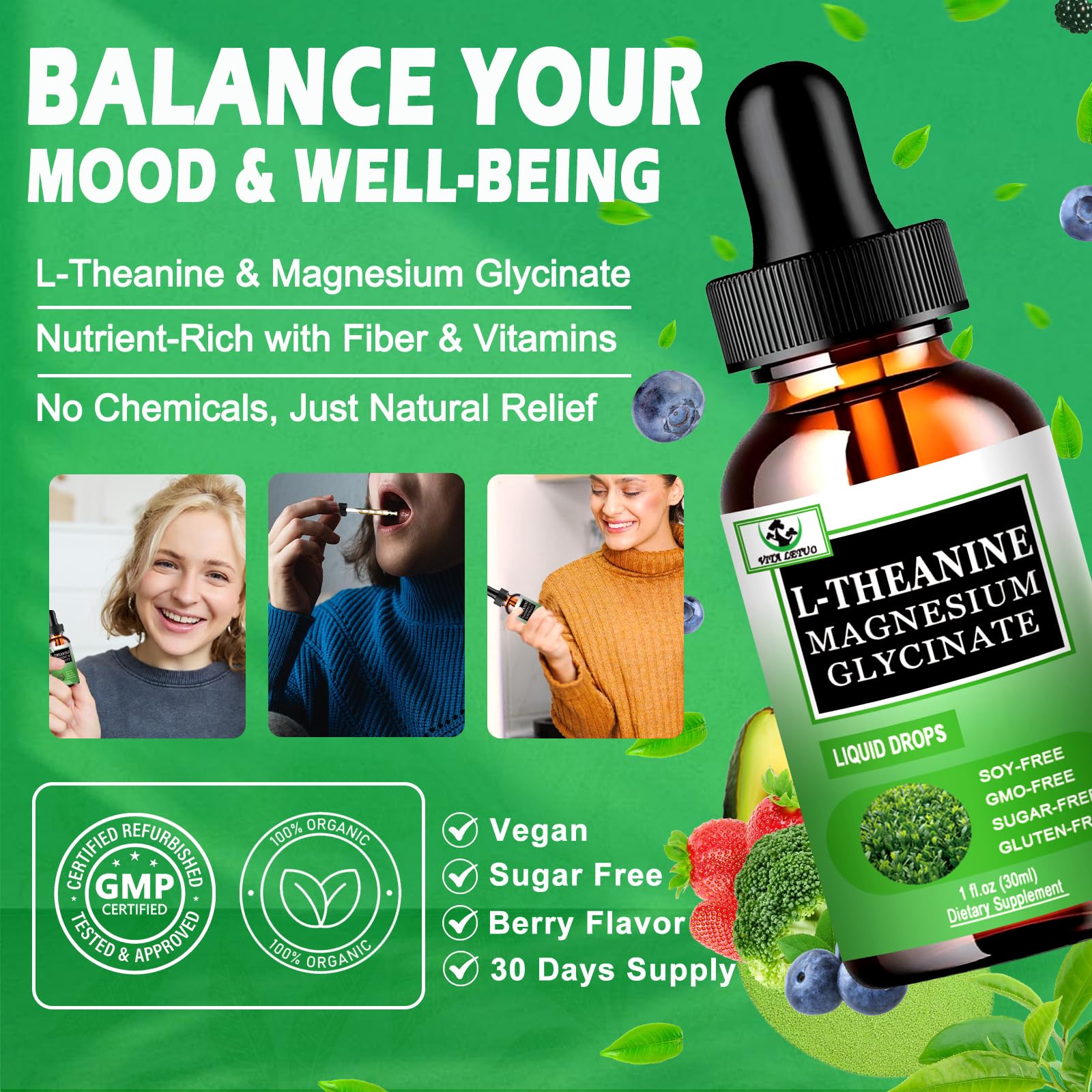 L Theanine Drops, Liquid L-Theanine Supplement 200mg w/Magnesium Glycinate,Vitamins,Fiber for Relaxation,Sleep,Digestion, Calm,High Absorption Mood Support for Adults & Kids,Plant Based,Non-GMO - dailyvitalstore