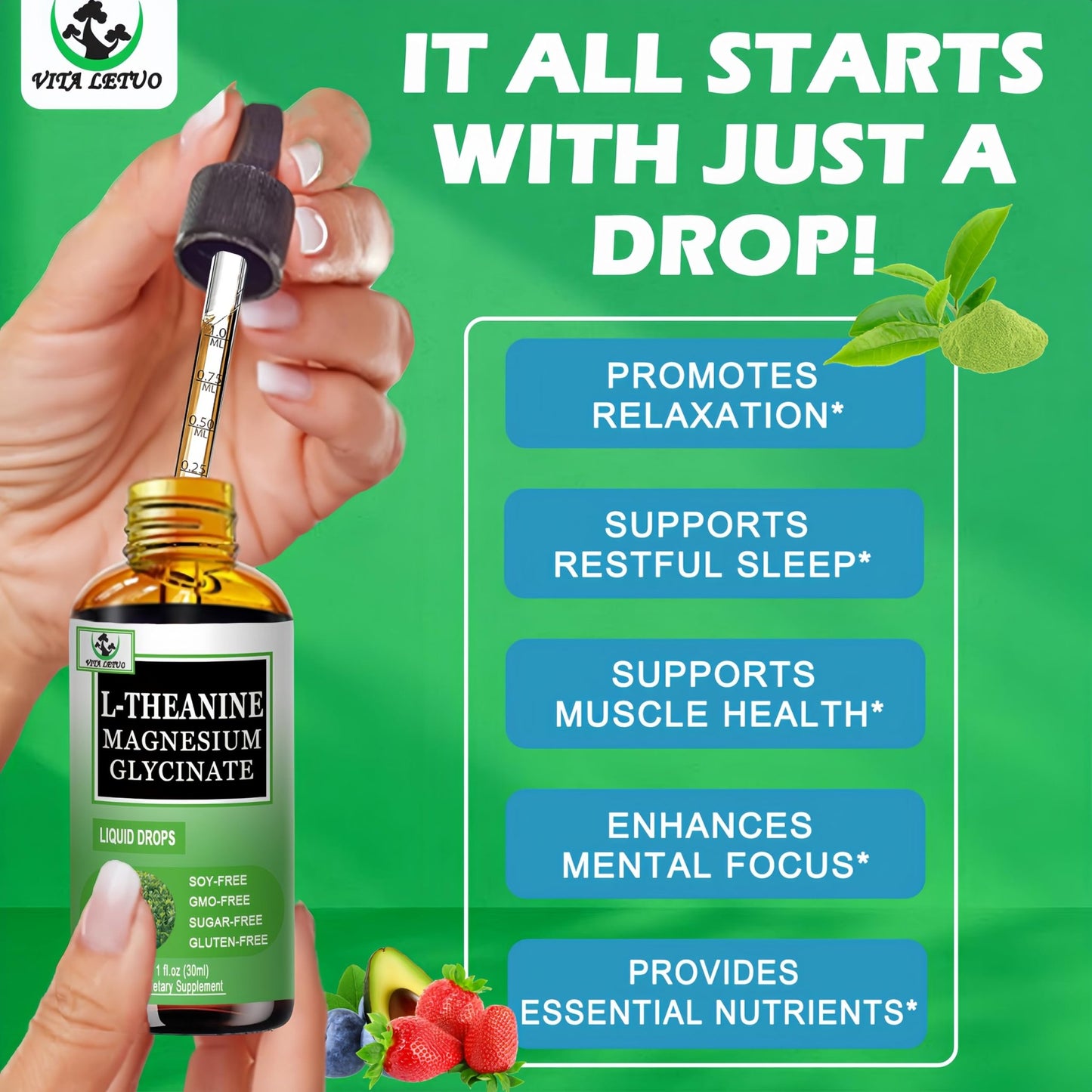 L Theanine Drops, Liquid L-Theanine Supplement 200mg w/Magnesium Glycinate,Vitamins,Fiber for Relaxation,Sleep,Digestion, Calm,High Absorption Mood Support for Adults & Kids,Plant Based,Non-GMO - dailyvitalstore