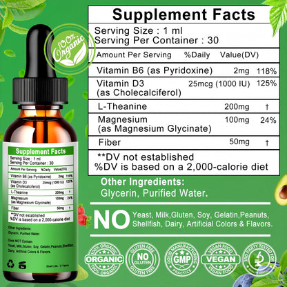 L Theanine Drops, Liquid L-Theanine Supplement 200mg w/Magnesium Glycinate,Vitamins,Fiber for Relaxation,Sleep,Digestion, Calm,High Absorption Mood Support for Adults & Kids,Plant Based,Non-GMO - dailyvitalstore