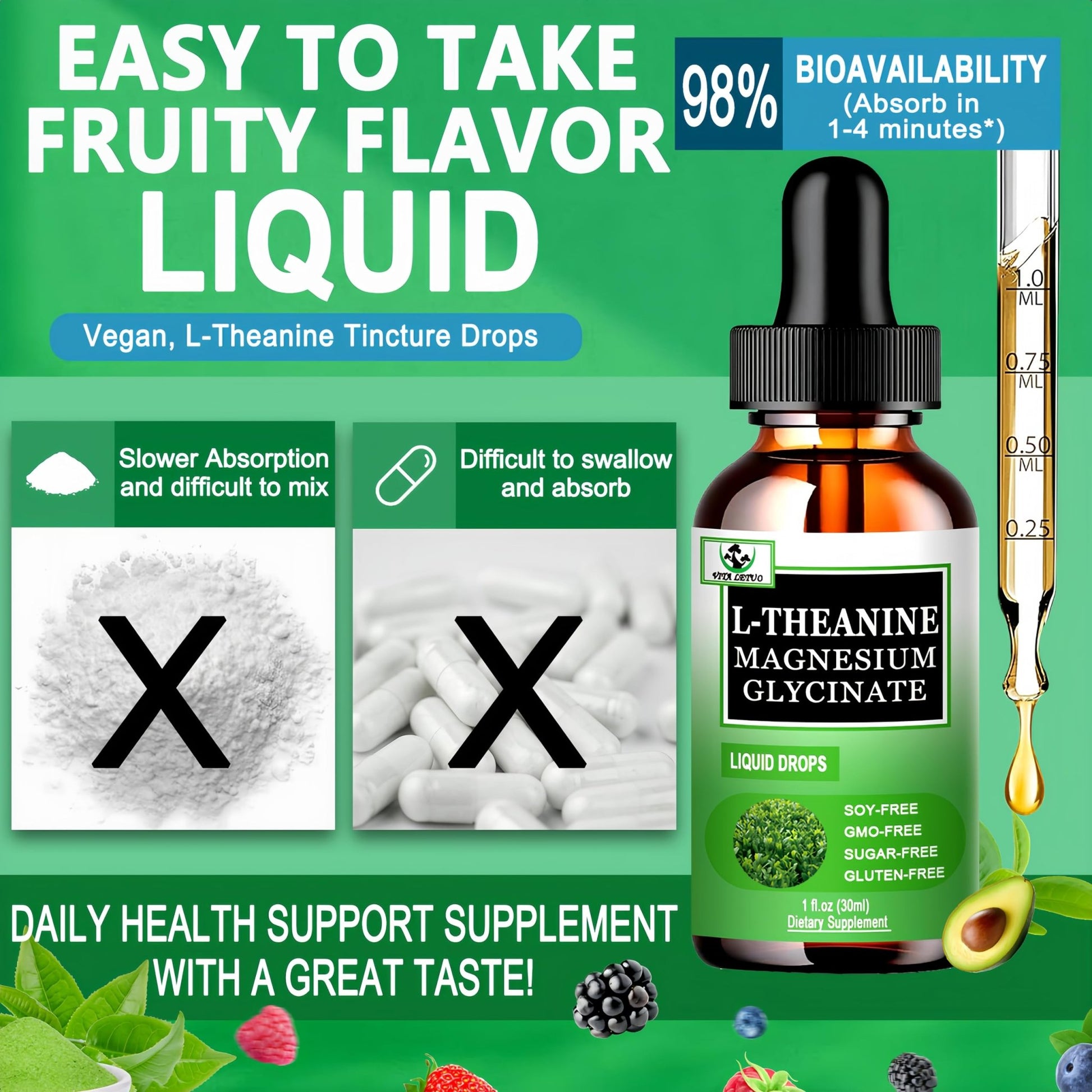 L Theanine Drops, Liquid L-Theanine Supplement 200mg w/Magnesium Glycinate,Vitamins,Fiber for Relaxation,Sleep,Digestion, Calm,High Absorption Mood Support for Adults & Kids,Plant Based,Non-GMO - dailyvitalstore