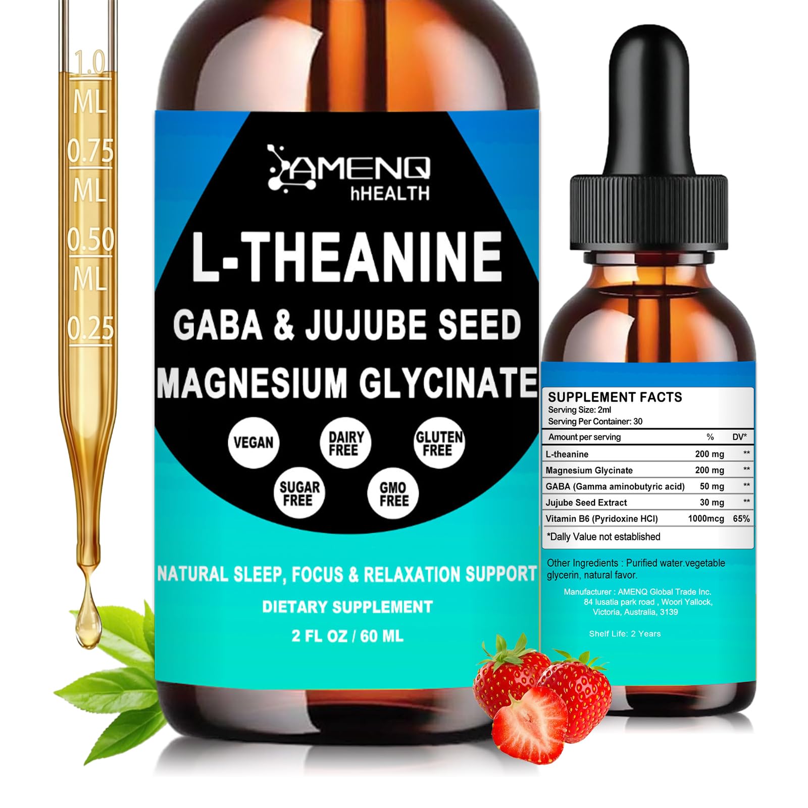 L Theanine Liquid Drops - Double Strength L-Theanine 200mg for Adults & Kids, Fast Absorption Gaba L-Theanine Supplements w. Magnesium & Jujube Seed for Nerve & Sleep, Relaxation & Mood Support丨Vegan - dailyvitalstore