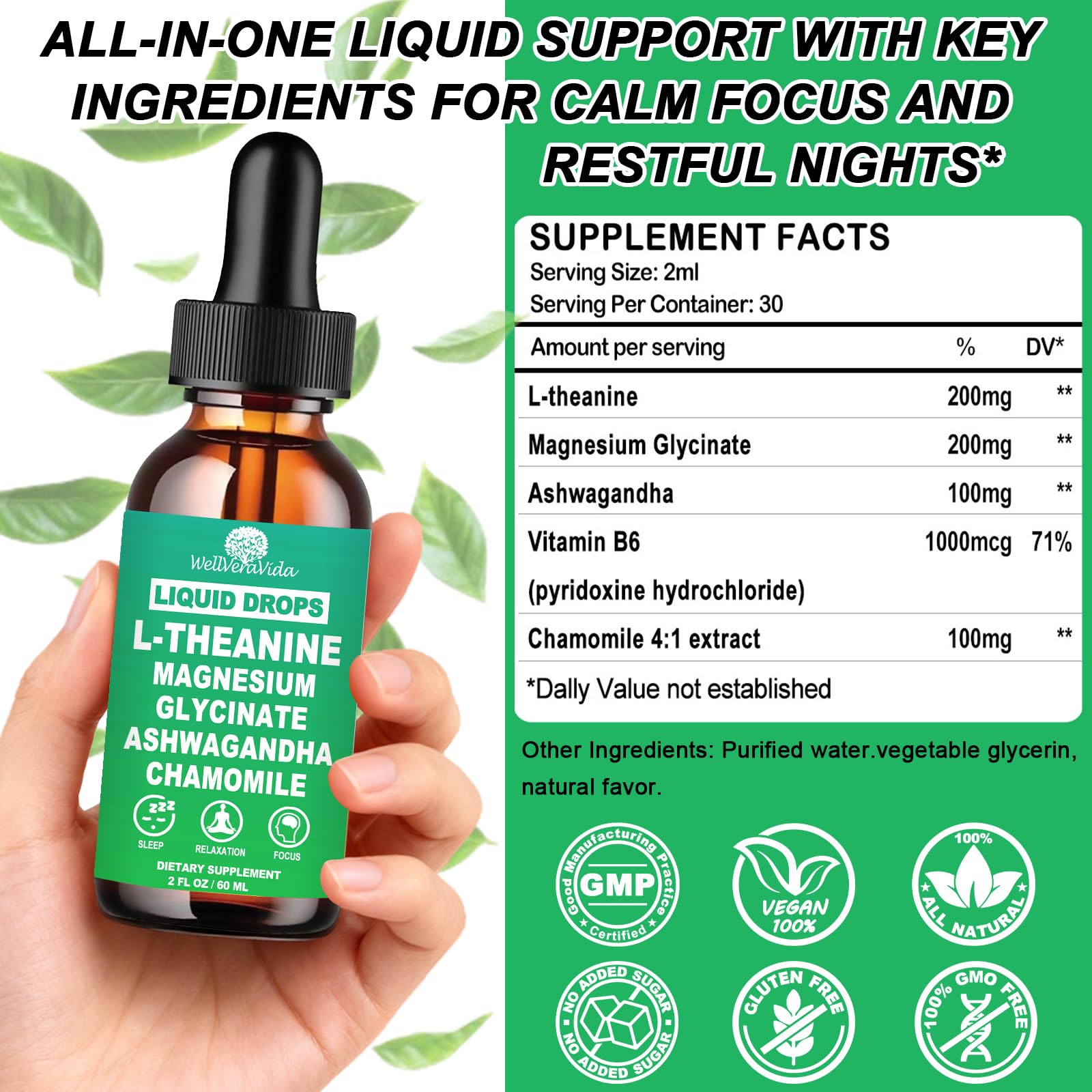 L theanine Liquid Drops, Theanine Supplement With Magnesium Glycinate & Ashwagandha for Sleep, Relaxation & Focus Support, High Absorption Liquid L Theanine 200mg for Adults & Kids丨Vegan, Non-GMO, 2oz - dailyvitalstore