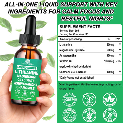 L theanine Liquid Drops, Theanine Supplement With Magnesium Glycinate & Ashwagandha for Sleep, Relaxation & Focus Support, High Absorption Liquid L Theanine 200mg for Adults & Kids丨Vegan, Non-GMO, 2oz - dailyvitalstore