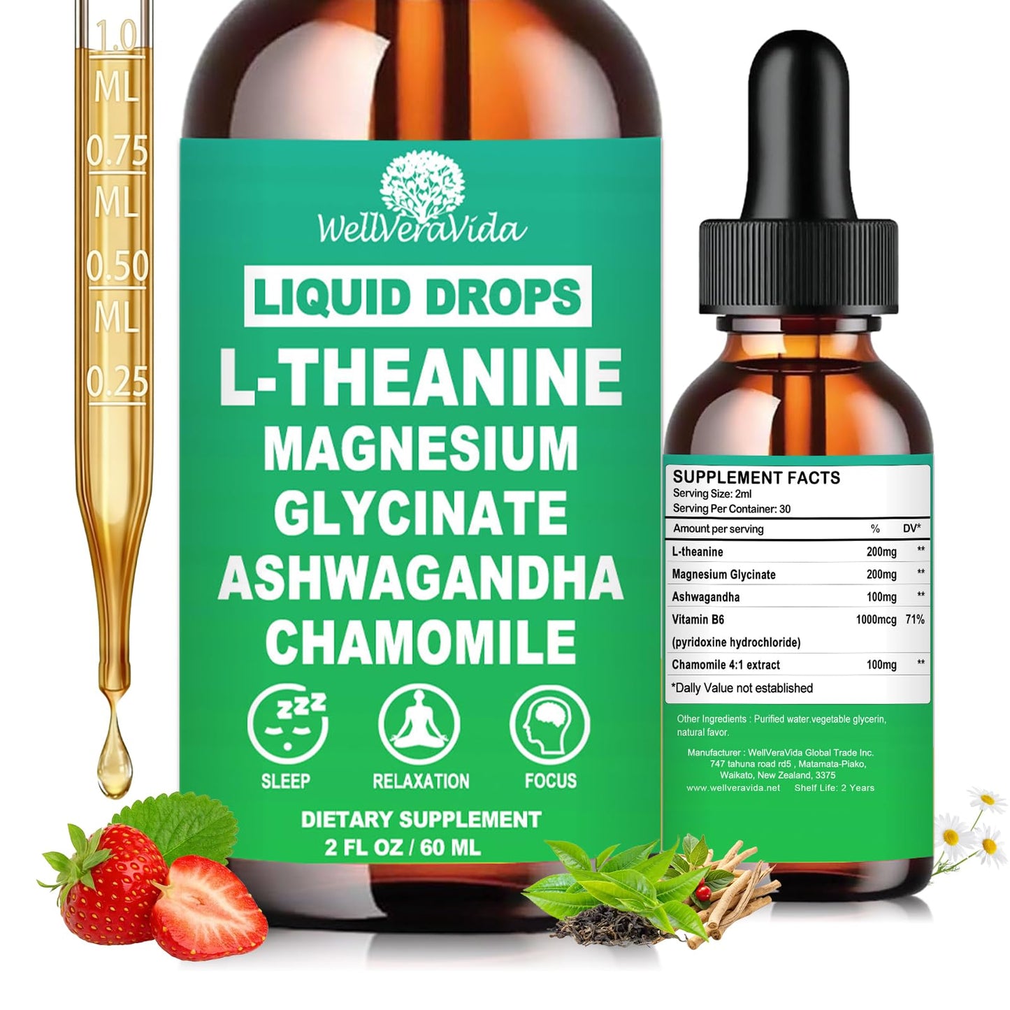 L theanine Liquid Drops, Theanine Supplement With Magnesium Glycinate & Ashwagandha for Sleep, Relaxation & Focus Support, High Absorption Liquid L Theanine 200mg for Adults & Kids丨Vegan, Non-GMO, 2oz - dailyvitalstore
