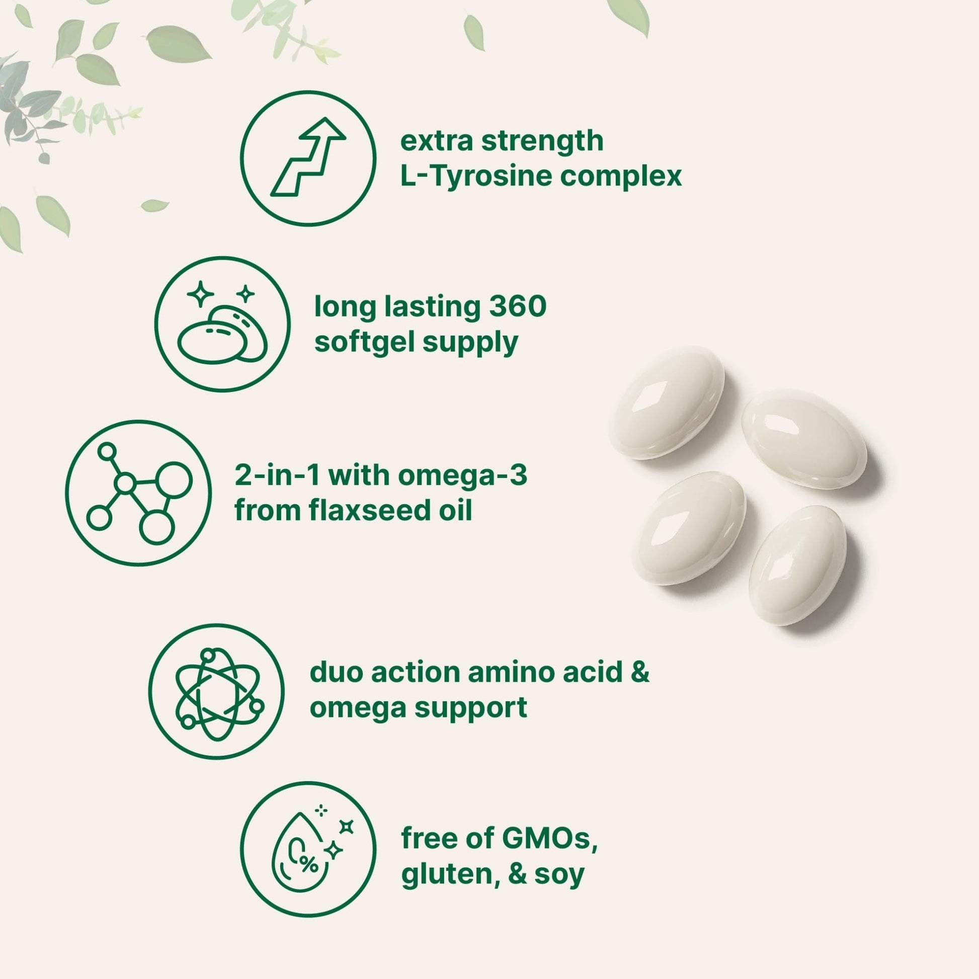 L Tyrosine Supplement 500mg with Omega-3, 360 Softgels | Duo Action Amino Acids + Omega from Flaxseed Oil 1,000mg with ALA | Heart and Mood Support | Brain Supplements for Memory and Focus | Non-GMO - dailyvitalstore