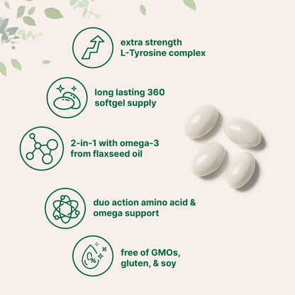 L Tyrosine Supplement 500mg with Omega-3, 360 Softgels | Duo Action Amino Acids + Omega from Flaxseed Oil 1,000mg with ALA | Heart and Mood Support | Brain Supplements for Memory and Focus | Non-GMO - dailyvitalstore