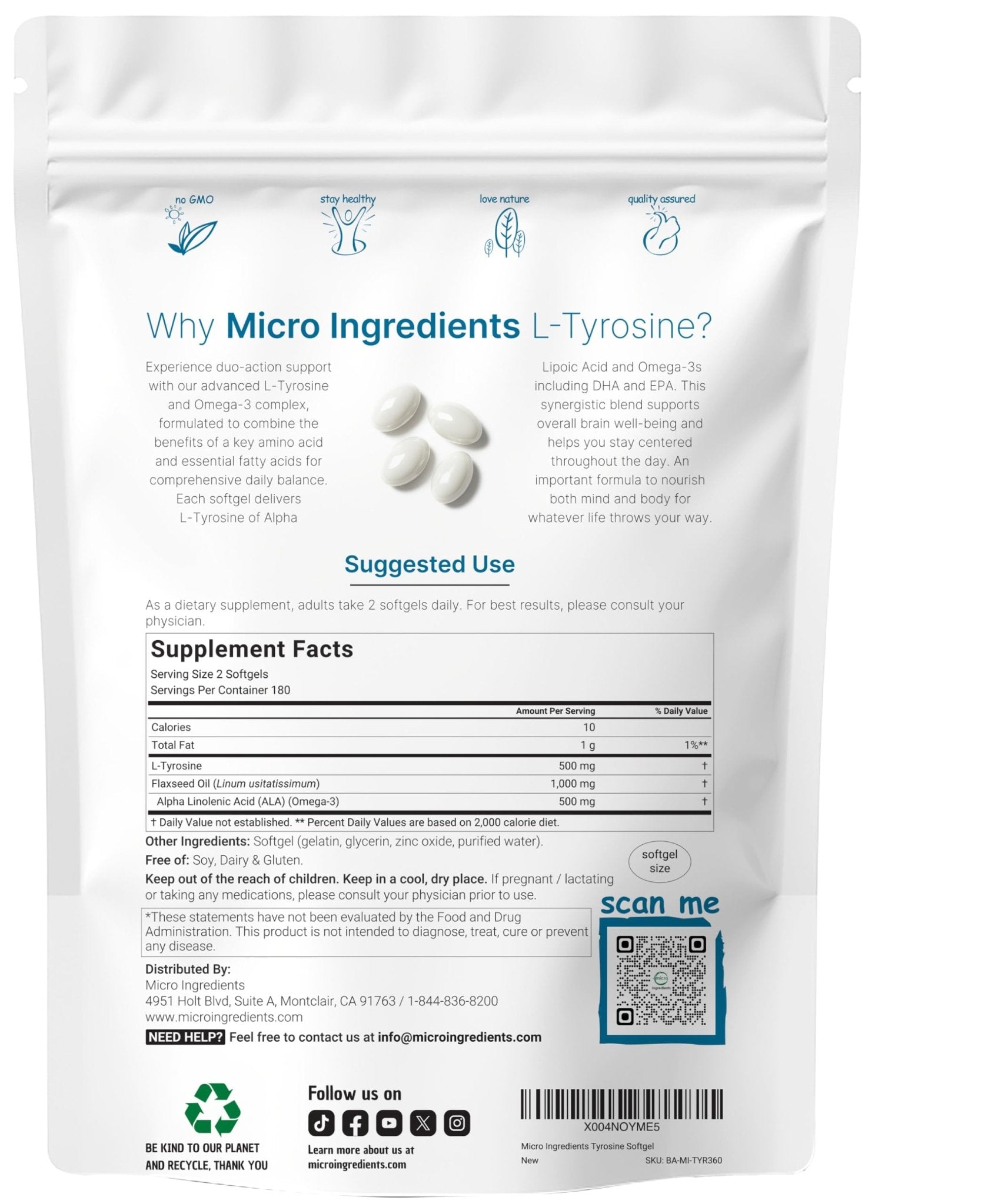 L Tyrosine Supplement 500mg with Omega-3, 360 Softgels | Duo Action Amino Acids + Omega from Flaxseed Oil 1,000mg with ALA | Heart and Mood Support | Brain Supplements for Memory and Focus | Non-GMO - dailyvitalstore
