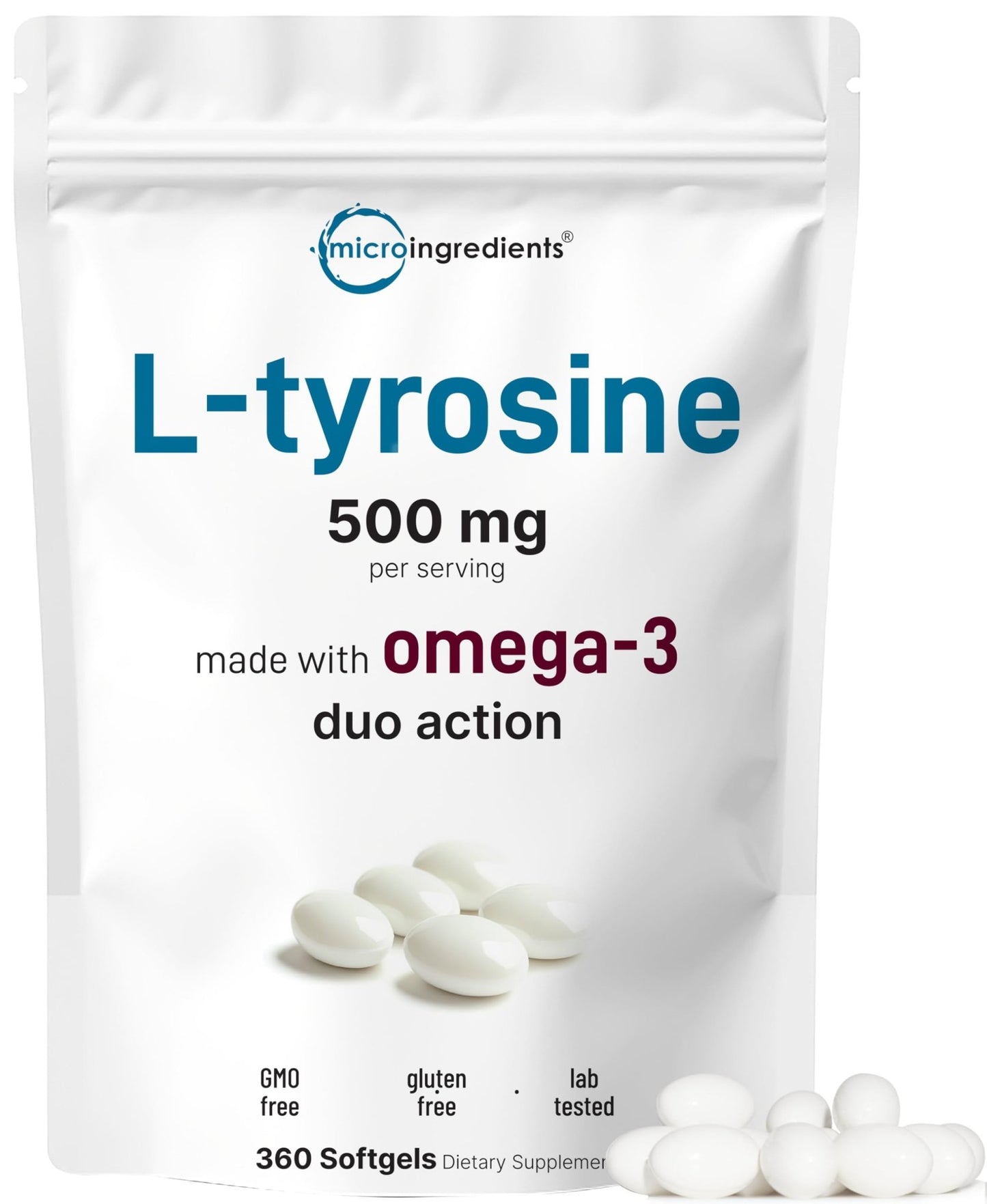 L Tyrosine Supplement 500mg with Omega-3, 360 Softgels | Duo Action Amino Acids + Omega from Flaxseed Oil 1,000mg with ALA | Heart and Mood Support | Brain Supplements for Memory and Focus | Non-GMO - dailyvitalstore
