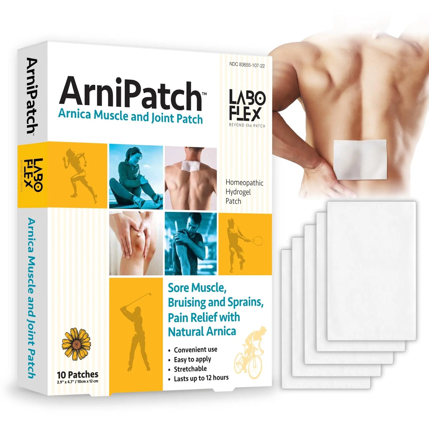 LABOFLEX Arnipatch Natural Arnica Pain Relief Hydrogel Patches – Long Lasting Relief for Muscle Soreness, Swelling, Inflammation, Stiffness & Injury on Back, Knee & Neck (Box, 10, Count) - dailyvitalstore