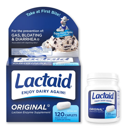 Lactaid Original Strength Lactose Intolerance Pills, 9000 FCC Natural Lactase Enzyme Dairy Relief Caplets, Helps Prevent Gas, Bloating & Diarrhea Due to Lactose Sensitivity in Adults & Kids, 120 Count - dailyvitalstore