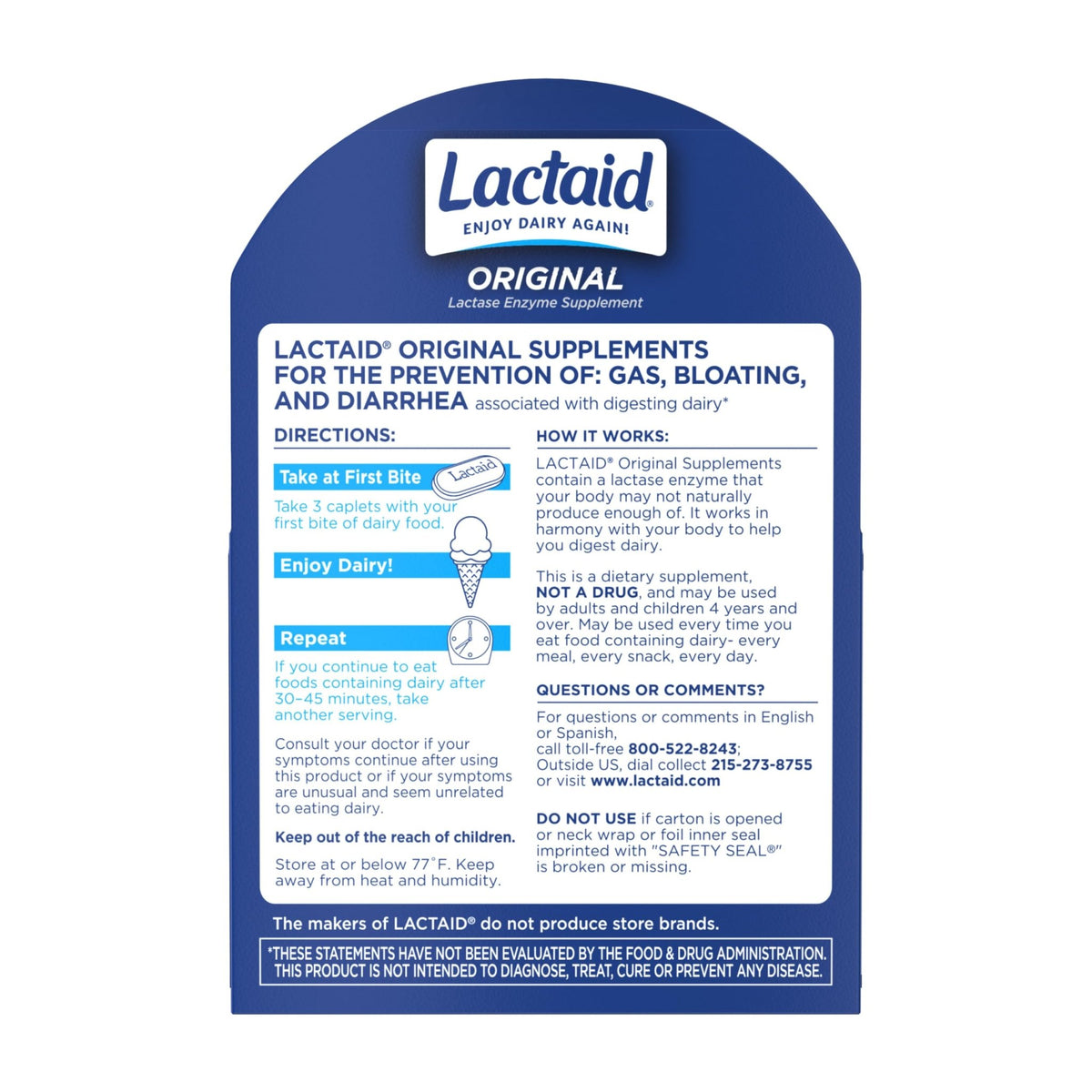Lactaid Original Strength Lactose Intolerance Pills, 9000 FCC Natural Lactase Enzyme Dairy Relief Caplets, Helps Prevent Gas, Bloating & Diarrhea Due to Lactose Sensitivity in Adults & Kids, 120 Count - dailyvitalstore