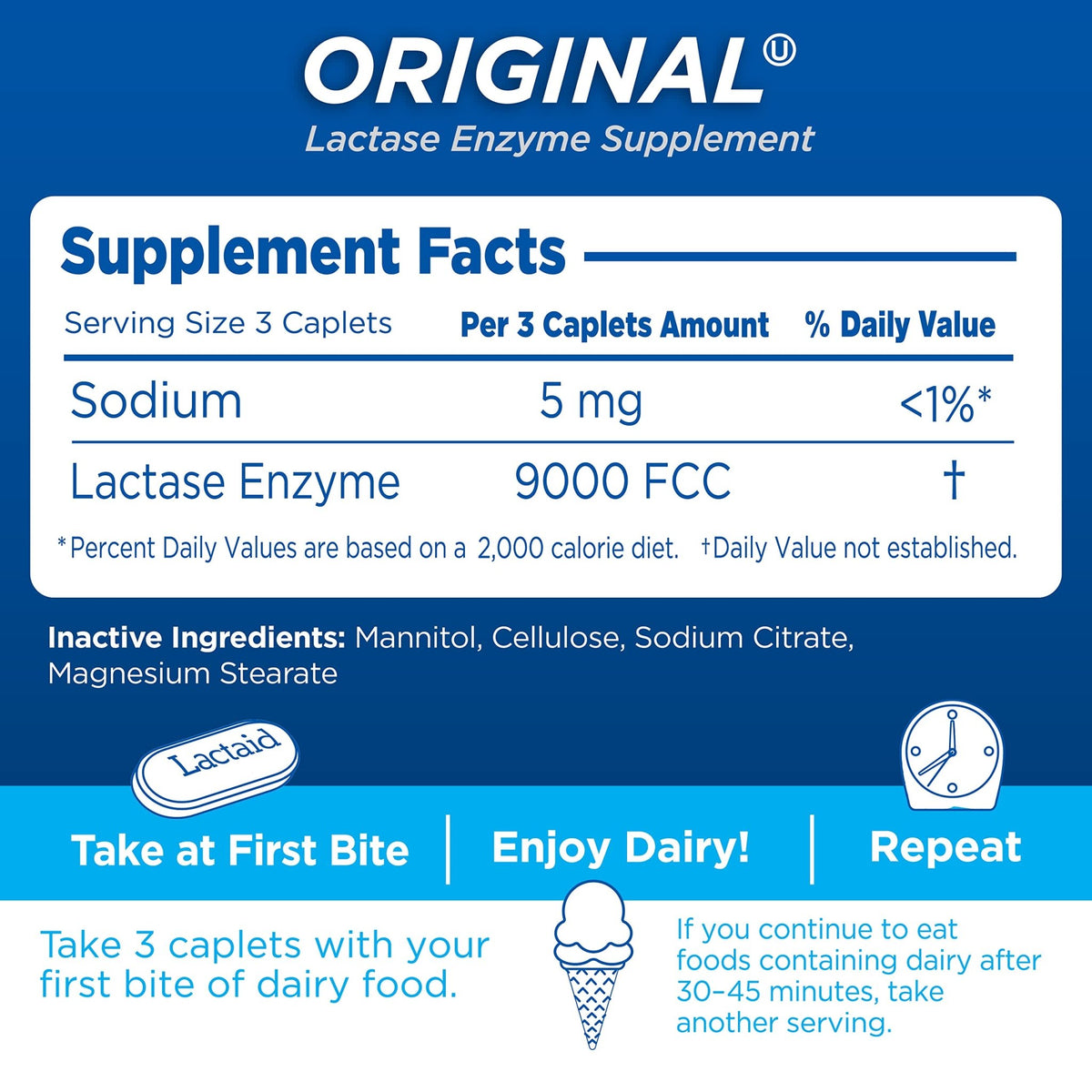 Lactaid Original Strength Lactose Intolerance Pills, 9000 FCC Natural Lactase Enzyme Dairy Relief Caplets, Helps Prevent Gas, Bloating & Diarrhea Due to Lactose Sensitivity in Adults & Kids, 120 Count - dailyvitalstore