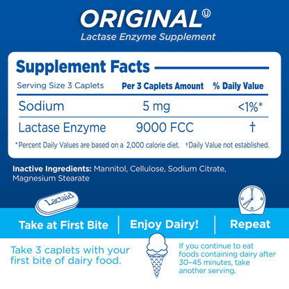 Lactaid Original Strength Lactose Intolerance Pills, 9000 FCC Natural Lactase Enzyme Dairy Relief Caplets, Helps Prevent Gas, Bloating & Diarrhea Due to Lactose Sensitivity in Adults & Kids, 120 Count - dailyvitalstore