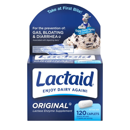 Lactaid Original Strength Lactose Intolerance Pills, 9000 FCC Natural Lactase Enzyme Dairy Relief Caplets, Helps Prevent Gas, Bloating & Diarrhea Due to Lactose Sensitivity in Adults & Kids, 120 Count - dailyvitalstore