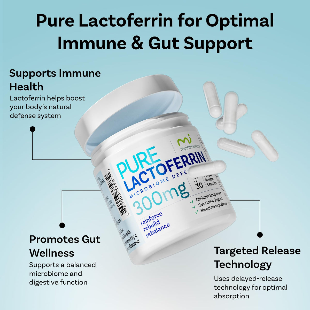 Lactoferrin 300mg Delayed Release Capsules - MyImmunity Premium Immune Support Supplement with Iron Absorption - Freeze Dried, Non-GMO, Gluten Free, Vegetarian - 30 Count (1 Month Supply) - dailyvitalstore