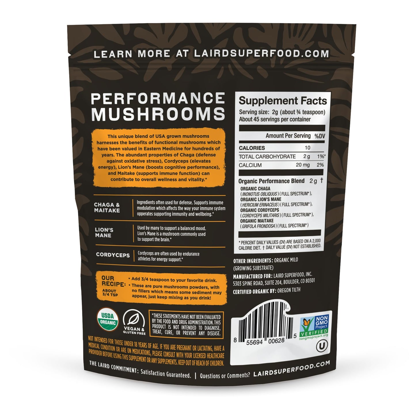 Laird Superfood Organic Performance Mushroom Blend with Chaga, Cordyceps, Lion's Mane and Maitake for Energy - dailyvitalstore