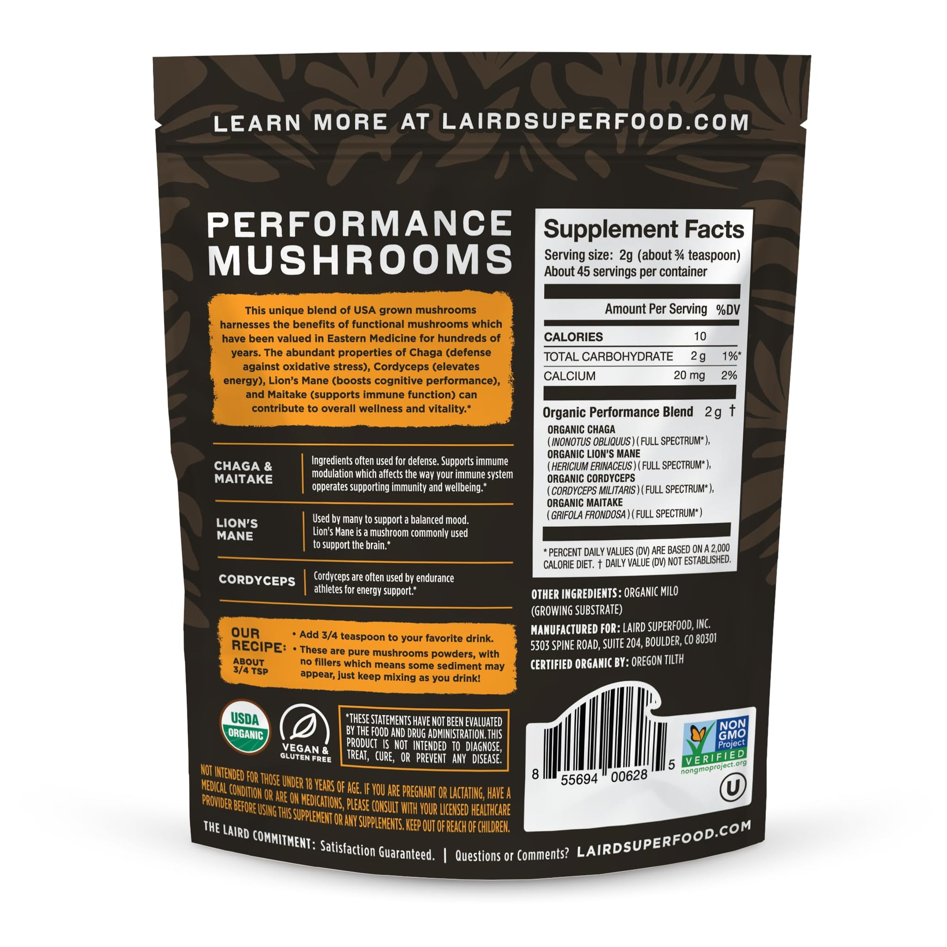 Laird Superfood Organic Performance Mushroom Blend with Chaga, Cordyceps, Lion's Mane and Maitake for Energy - dailyvitalstore