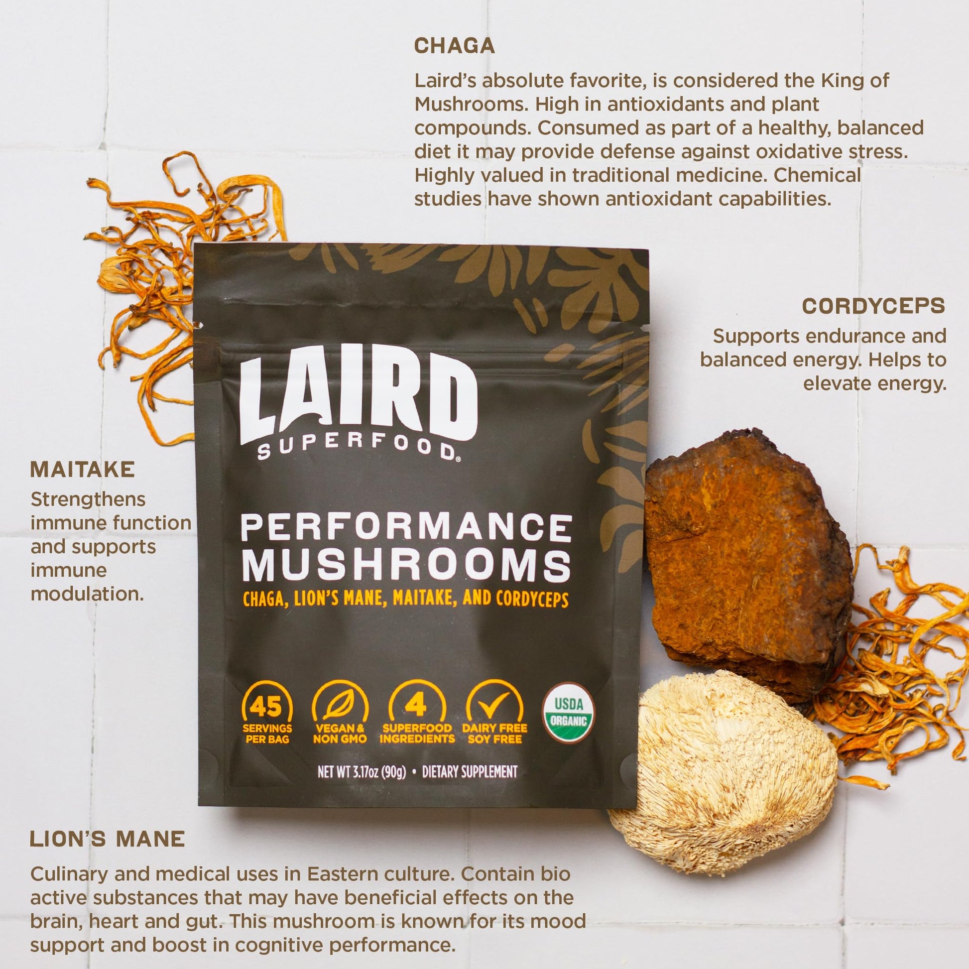 Laird Superfood Organic Performance Mushroom Blend with Chaga, Cordyceps, Lion's Mane and Maitake for Energy - dailyvitalstore