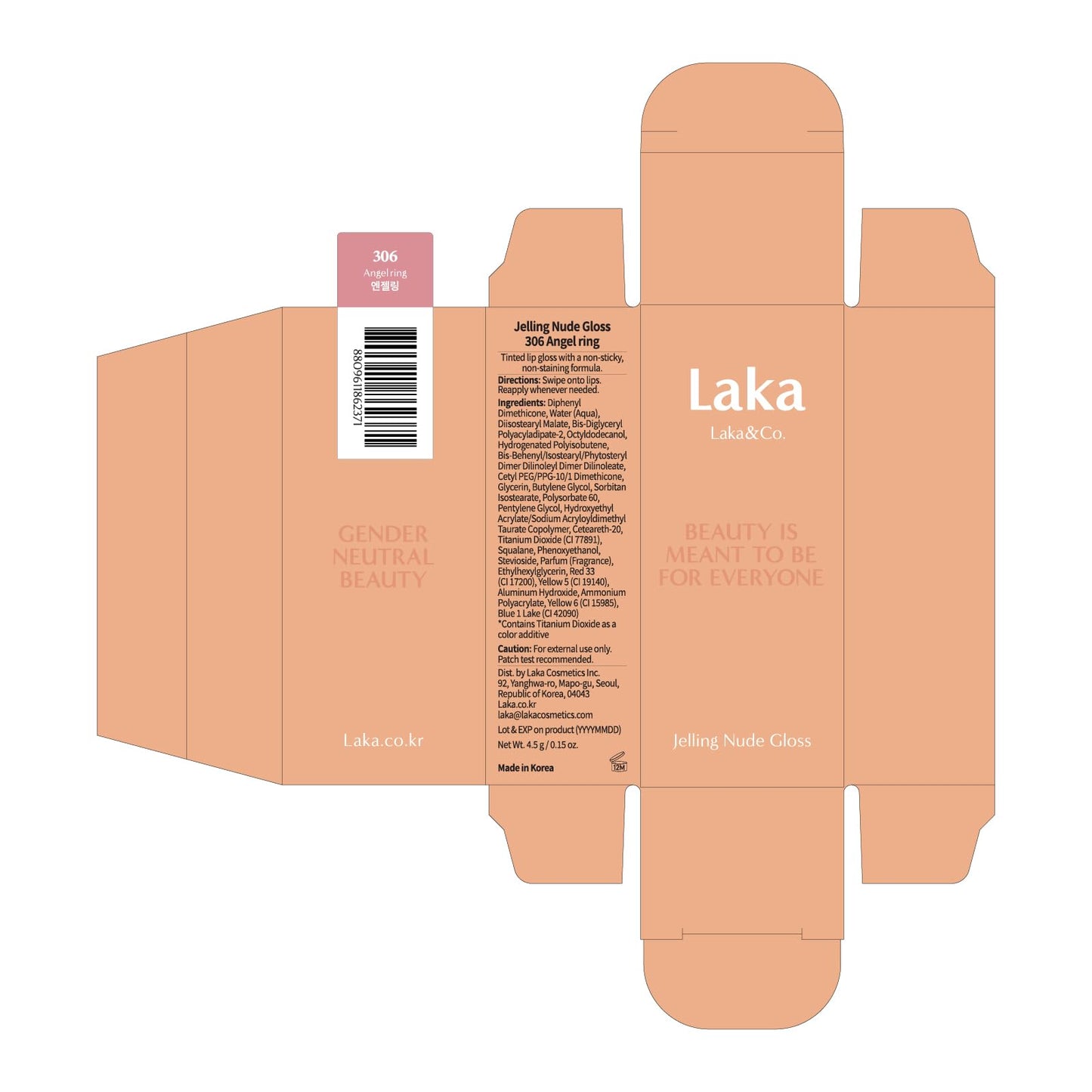 Laka Jelling Nude Gloss, 4.5g/0.15oz, Sheer Hydrating Lip Oil with No Stain, Non-Sticky, Nourishing Gloss for a Glowy Look, K-Beauty (306 Angelring) - dailyvitalstore