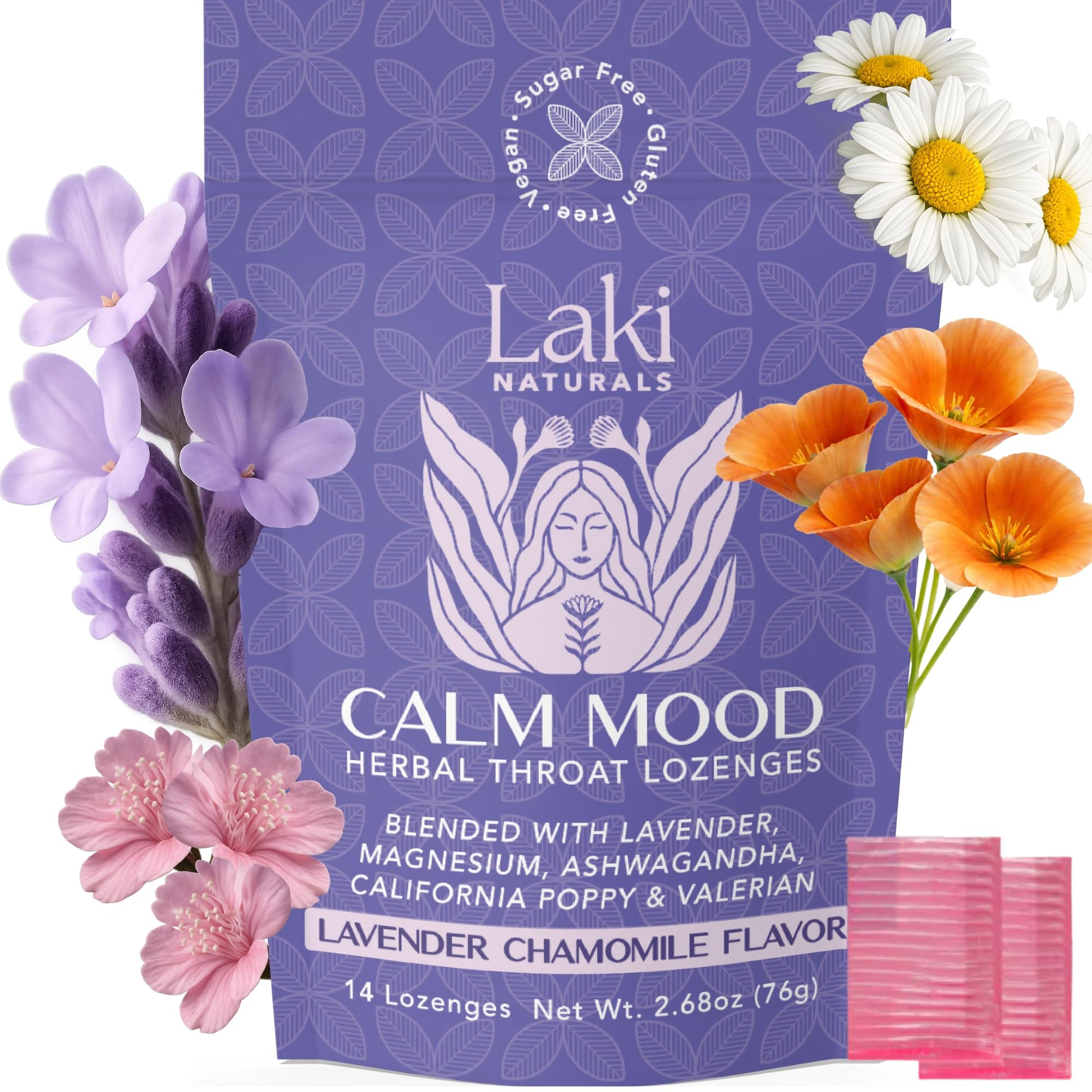 Laki Naturals Lavender Chamomile Calm Mood Functional Herbal Lozenges (14ct) Throat & Calming Hard Candies with Magnesium, Ashwagandha, California Poppy & Valerian. Vegan, Sugar Free, Gluten Free - dailyvitalstore