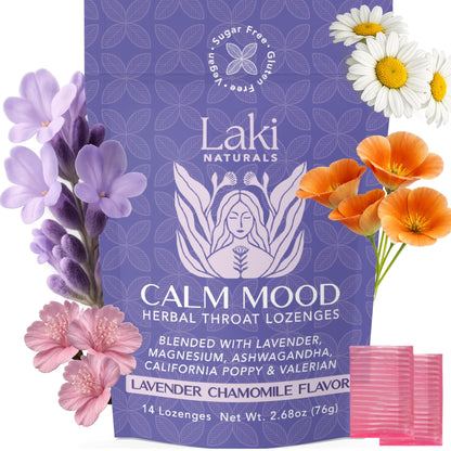 Laki Naturals Lavender Chamomile Calm Mood Functional Herbal Lozenges (14ct) Throat & Calming Hard Candies with Magnesium, Ashwagandha, California Poppy & Valerian. Vegan, Sugar Free, Gluten Free - dailyvitalstore