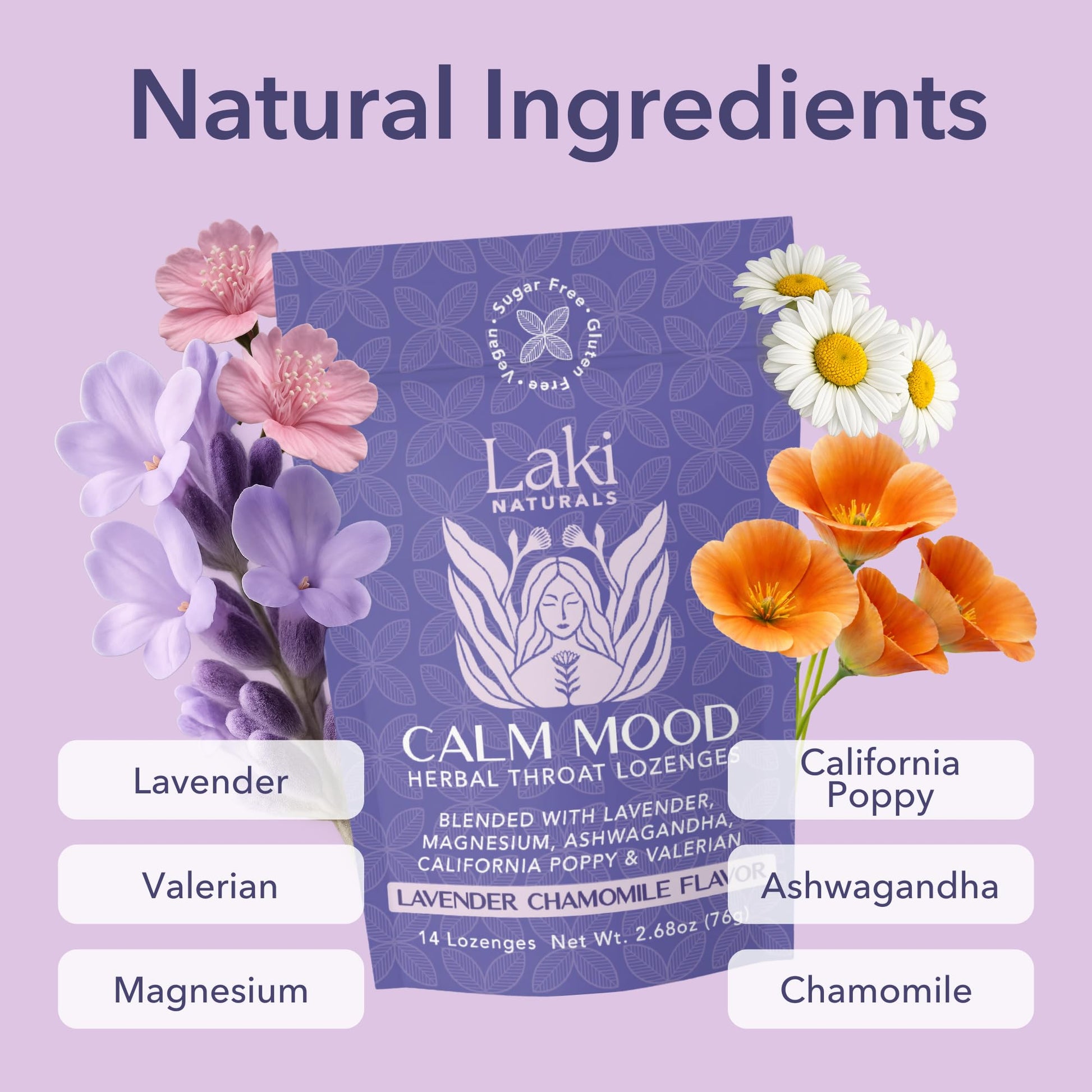 Laki Naturals Lavender Chamomile Calm Mood Functional Herbal Lozenges (14ct) Throat & Calming Hard Candies with Magnesium, Ashwagandha, California Poppy & Valerian. Vegan, Sugar Free, Gluten Free - dailyvitalstore
