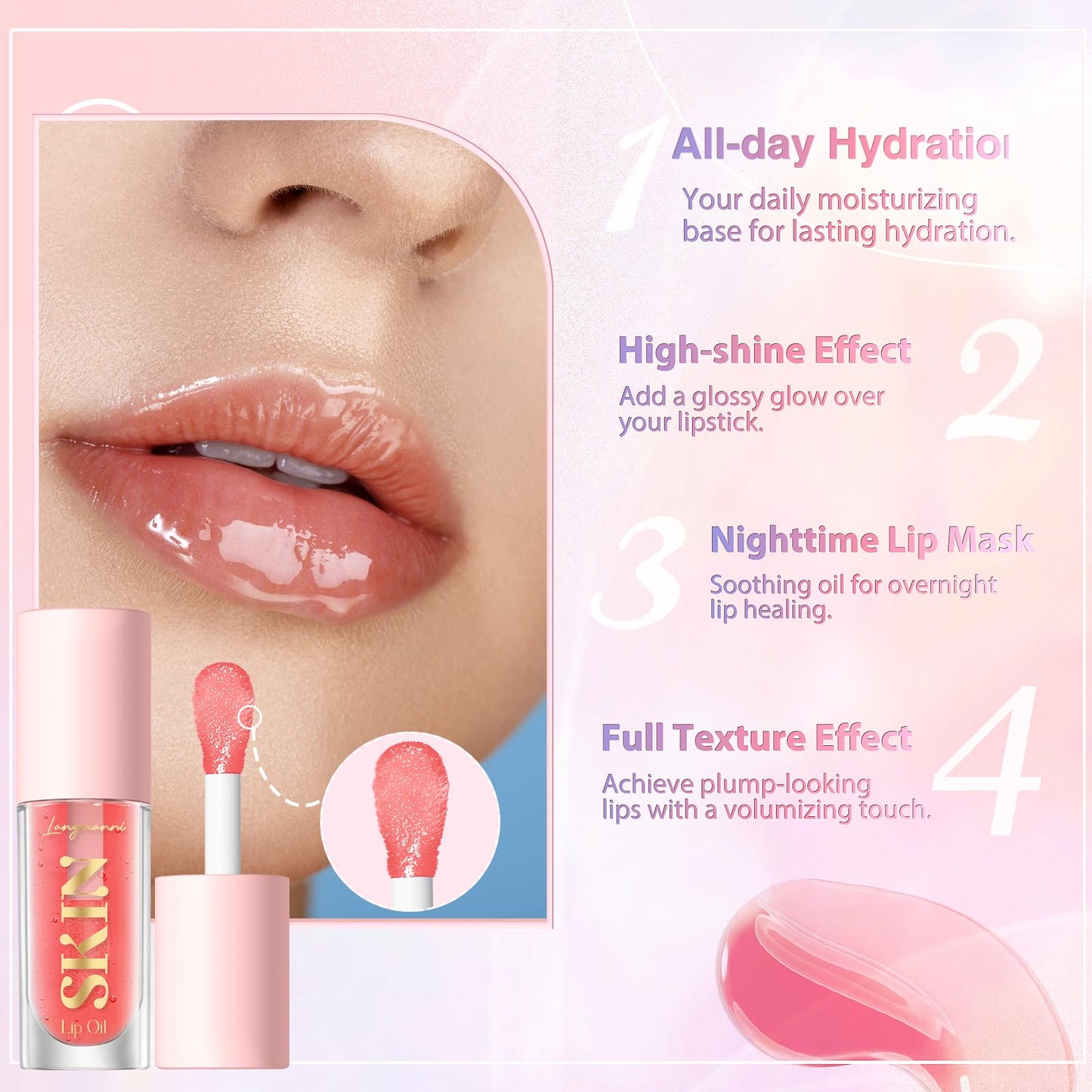 LANGMANNI Moisturizing Lip Oil,No-Sticky Lip Gloss Lip Balm Lip Care,Fruit Flavoured Lip Oil For Dry Lip's Moisturizing Hydrating And Nourishing ((Strawberry)) - dailyvitalstore