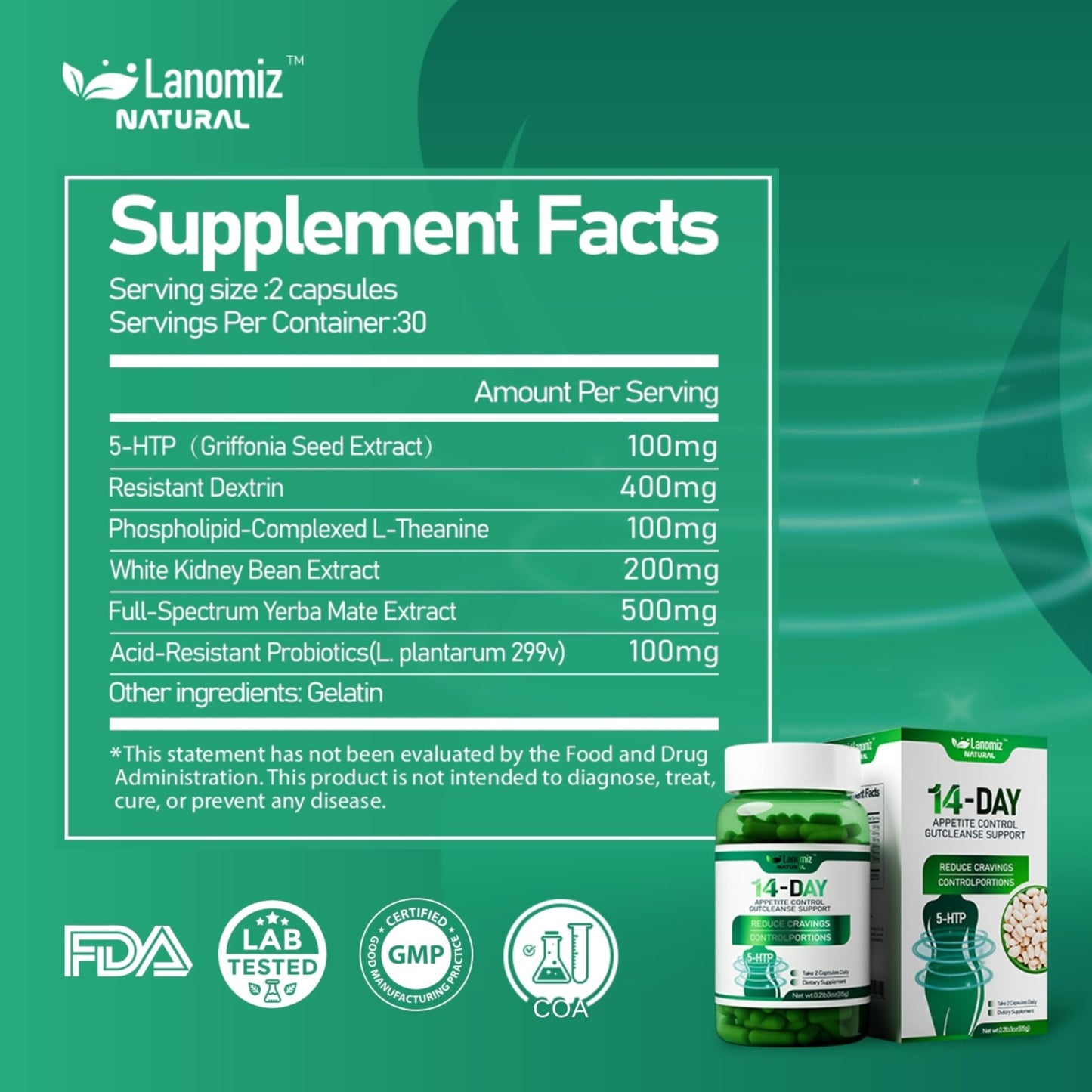Lanomiz 14DAY Appetite & Craving Control Gut Health Complex Featuring Delayed-Release Probiotics & White Kidney Bean Extract 5-HTP - dailyvitalstore