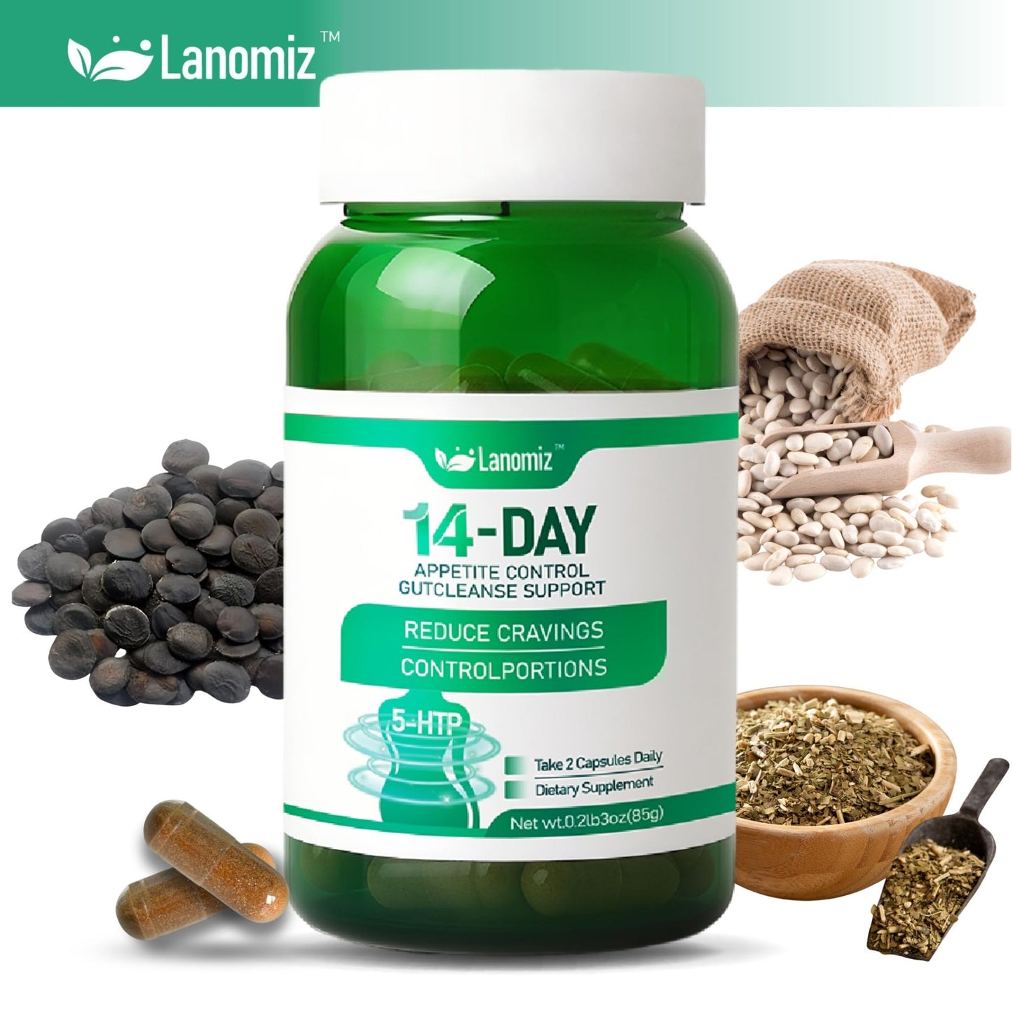 Lanomiz 14DAY Appetite & Craving Control Gut Health Complex Featuring Delayed-Release Probiotics & White Kidney Bean Extract 5-HTP - dailyvitalstore