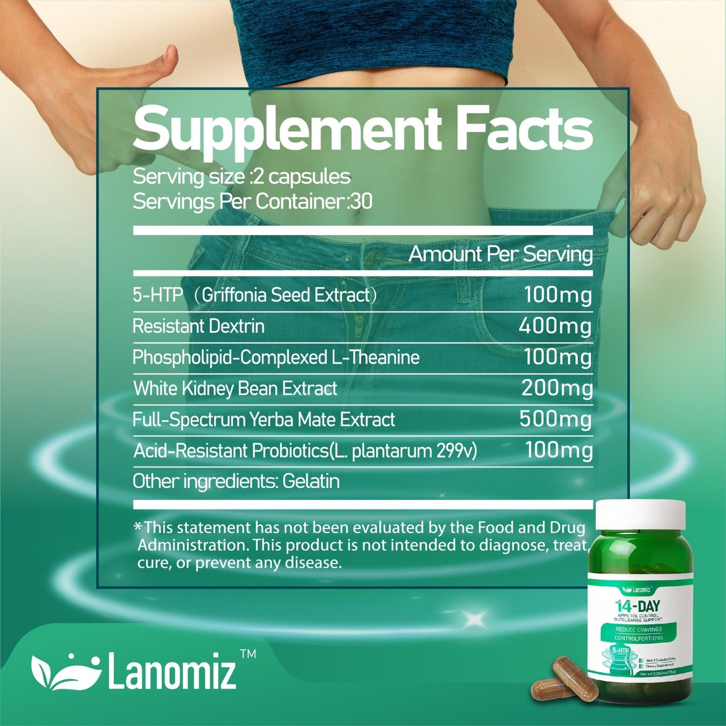 Lanomiz 14DAY Appetite & Craving Control Gut Health Complex Featuring Delayed-Release Probiotics & White Kidney Bean Extract 5-HTP - dailyvitalstore
