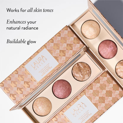 LAURA GELLER NEW YORK Geller's Greatest Lift-n-Glow Baked Trio Palette - Highlighter, Blush, Bronzer - All Skin Tones - dailyvitalstore
