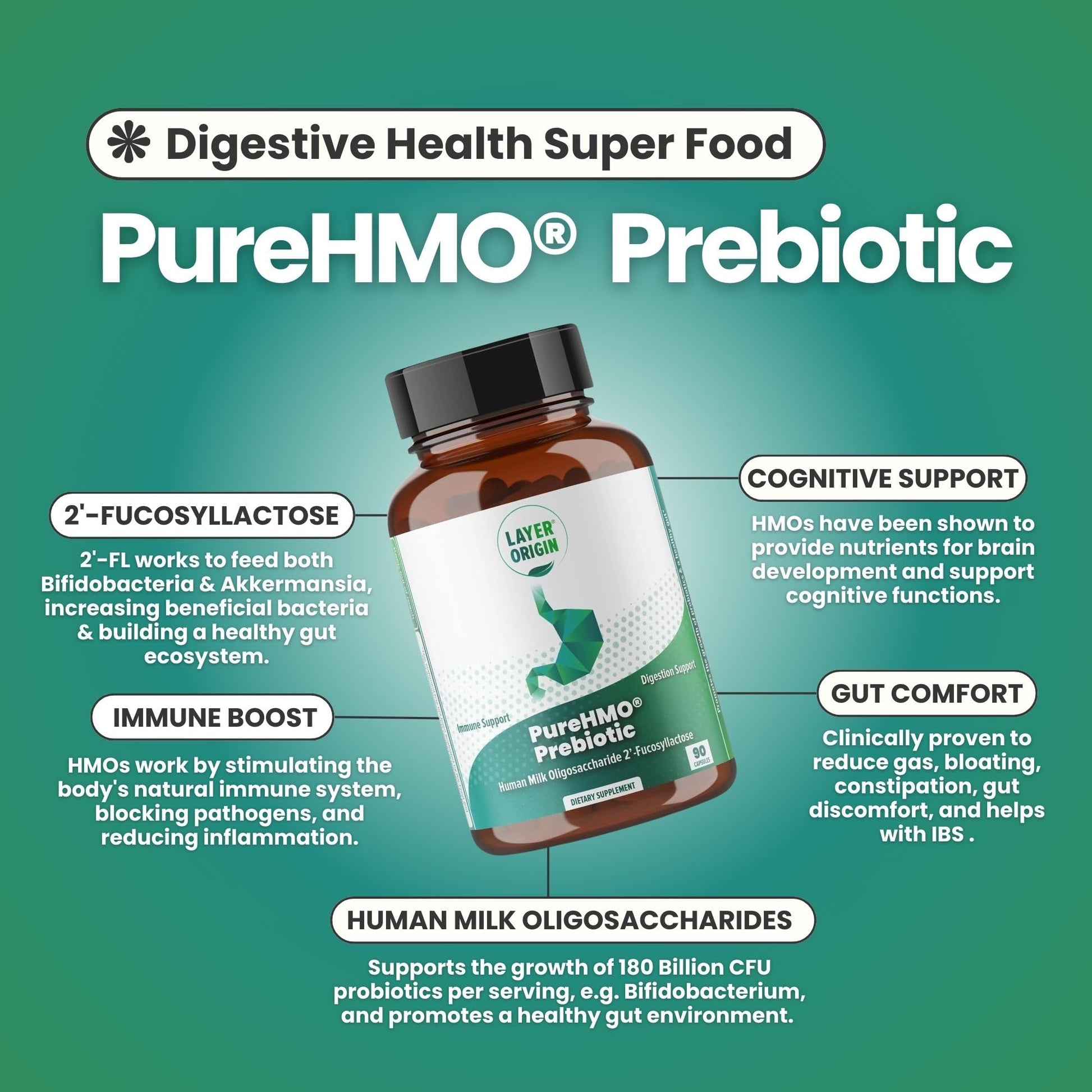 Layer Origin PureHMO Human Milk Oligosaccharide (HMO 2'-FL) Prebiotic Fiber - Feed 180 Billion Probiotics/Serving, 30-Day Supply - dailyvitalstore