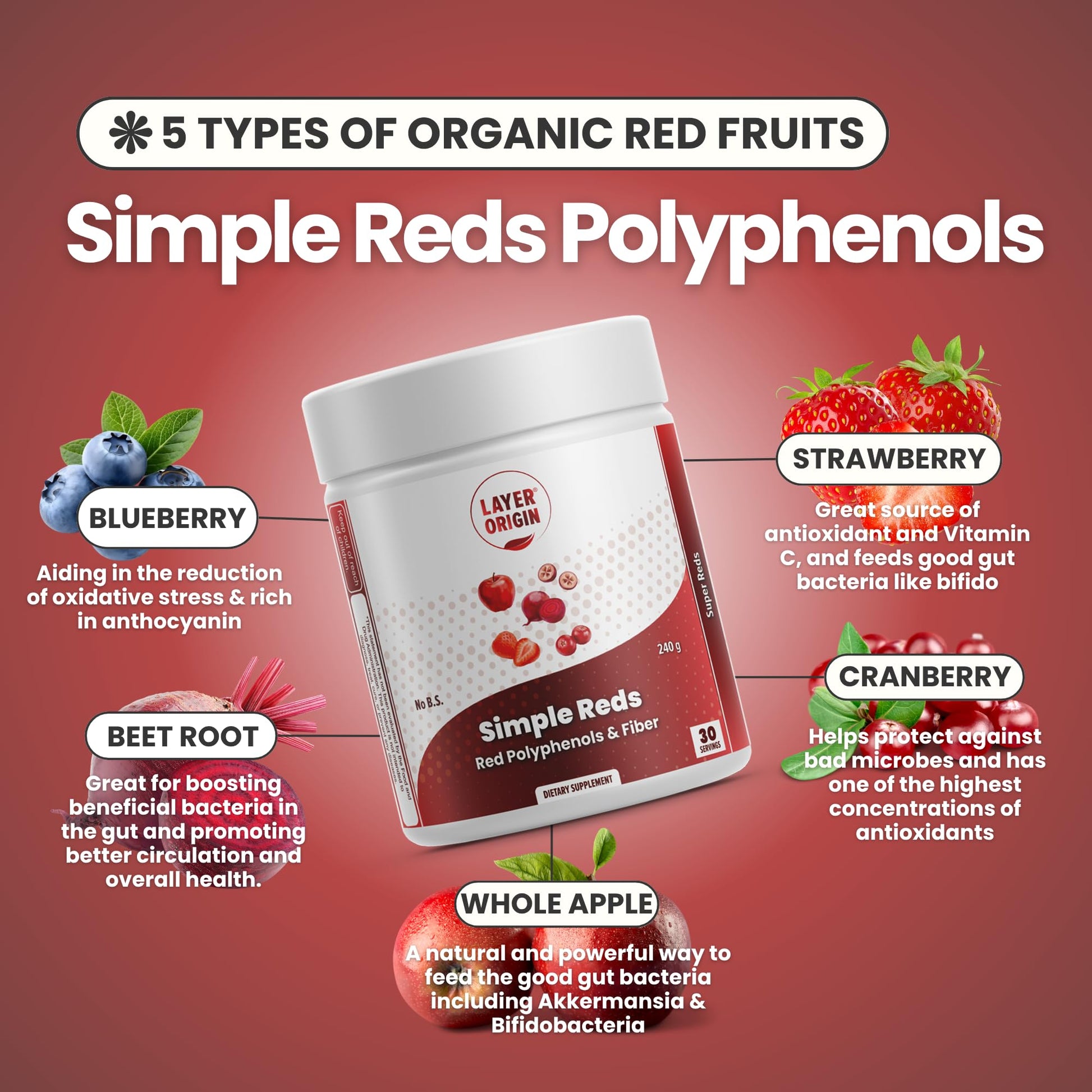 Layer Origin Simple Reds - Organic Red Polyphenols Whole Fruit Powder | Five Real Whole Fruits | 30 Servings - dailyvitalstore