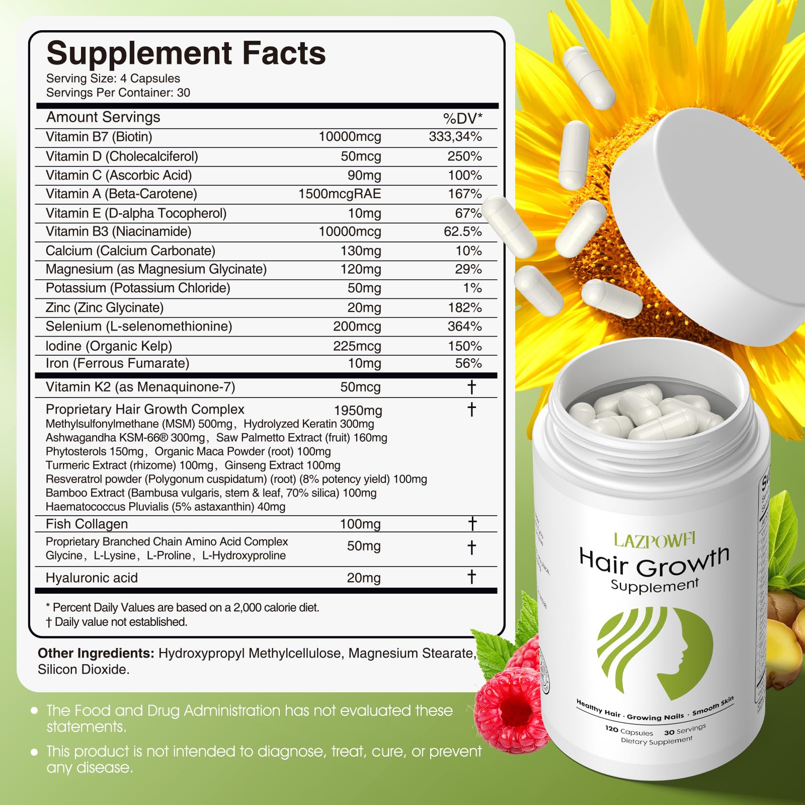 Lazpowfi Hair Growth Supplement, Biotin 10000mcg, 32-in-1 with Vitamin A, B3, C, Magnesium, Calcium, Hair Growth Products, Supports Hair & Nails Natural Growth Vitamins, for Women & Men - 30 Servings - dailyvitalstore