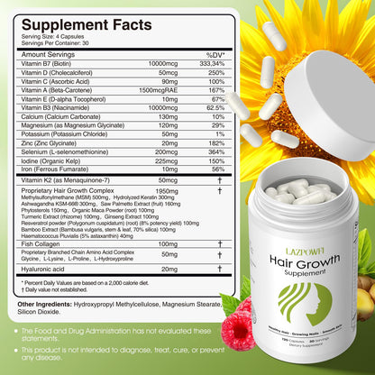 Lazpowfi Hair Growth Supplement, Biotin 10000mcg, 32-in-1 with Vitamin A, B3, C, Magnesium, Calcium, Hair Growth Products, Supports Hair & Nails Natural Growth Vitamins, for Women & Men - 30 Servings - dailyvitalstore