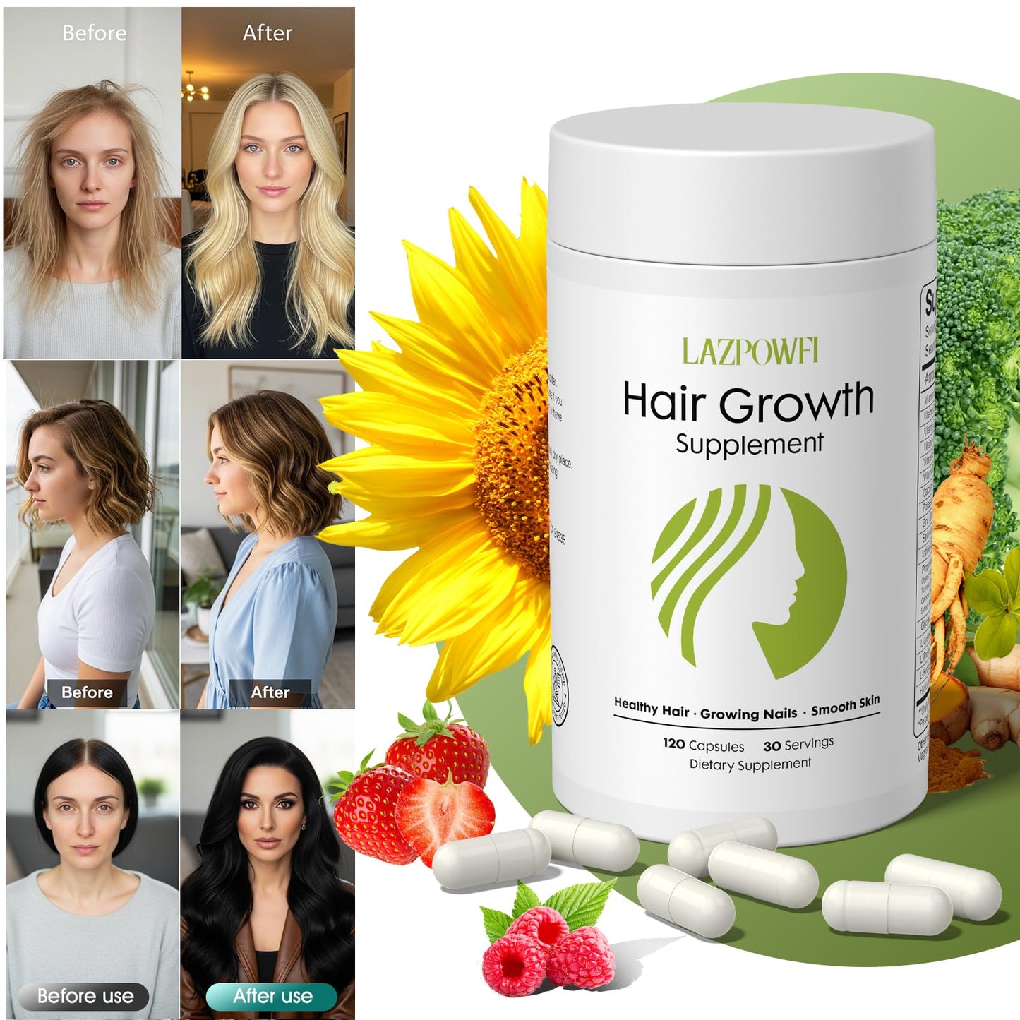Lazpowfi Hair Growth Supplement, Biotin 10000mcg, 32-in-1 with Vitamin A, B3, C, Magnesium, Calcium, Hair Growth Products, Supports Hair & Nails Natural Growth Vitamins, for Women & Men - 30 Servings - dailyvitalstore