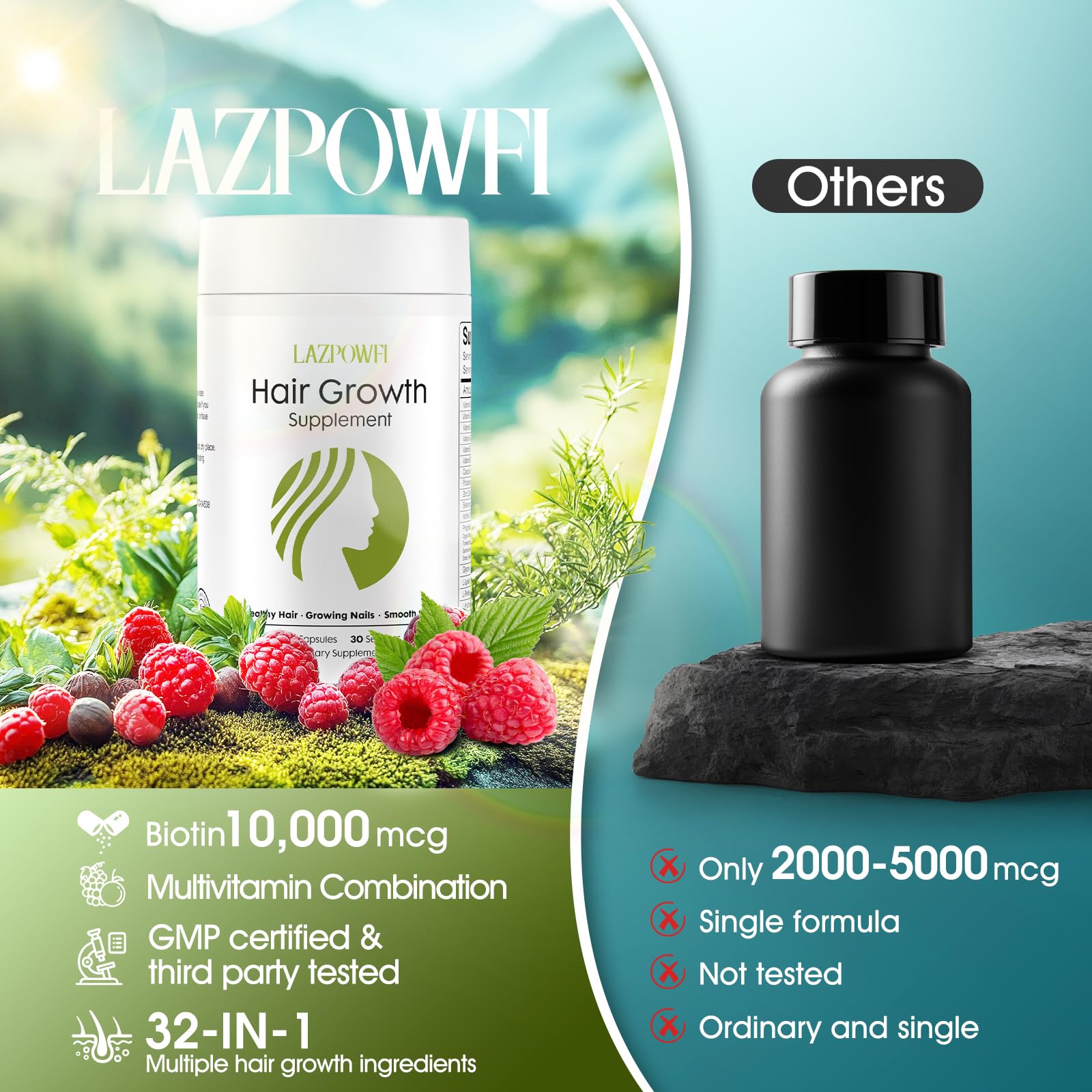 Lazpowfi Hair Growth Supplement, Biotin 10000mcg, 32-in-1 with Vitamin A, B3, C, Magnesium, Calcium, Hair Growth Products, Supports Hair & Nails Natural Growth Vitamins, for Women & Men - 30 Servings - dailyvitalstore