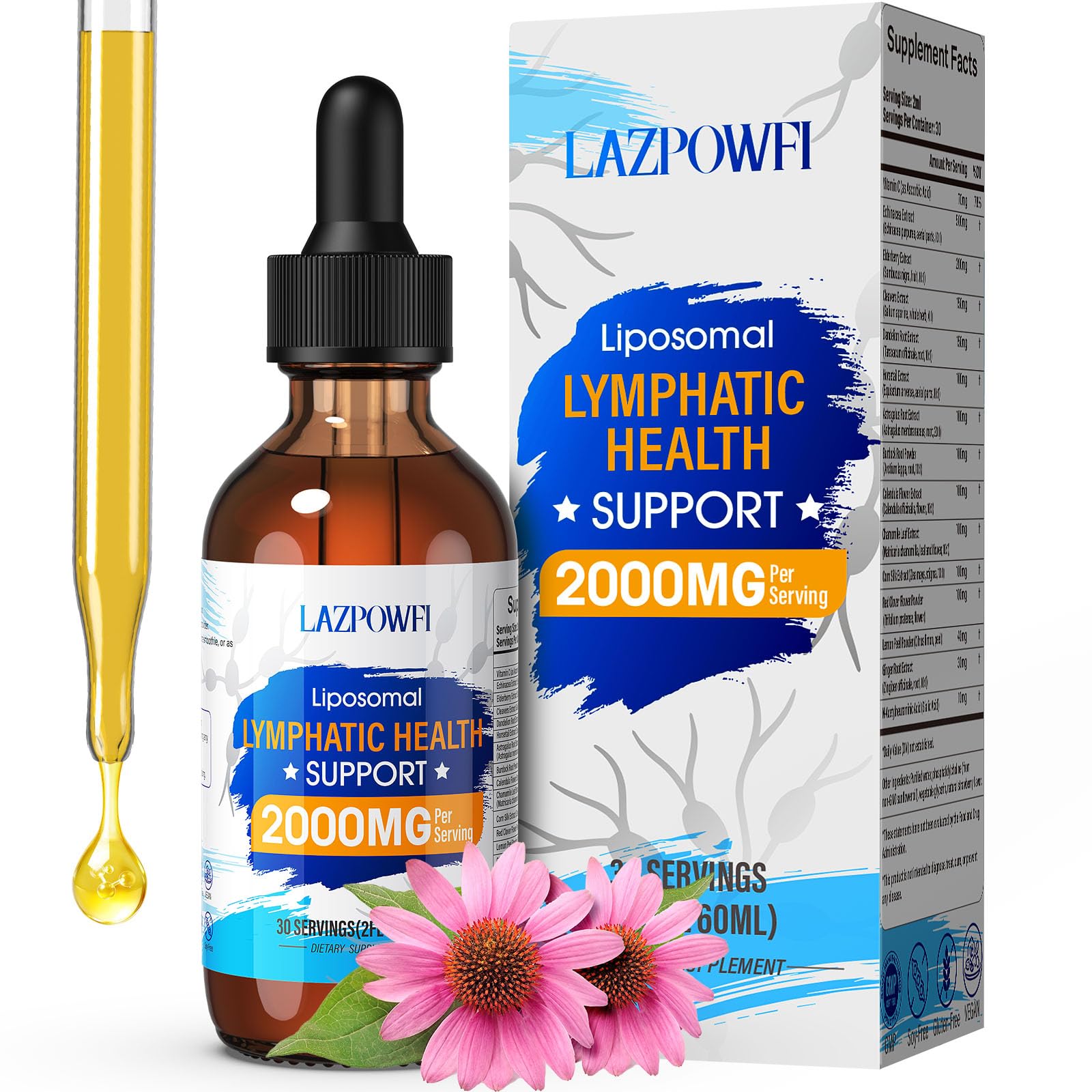 Lazpowfi Lymphatic Drainage Drops – Liposomal Lymphatic Drainage Supplements with Echinacea 500mg, Elderberry, Burdock Root & Dandelion – Liquid Lymphatic Drops, 2 fl oz - dailyvitalstore