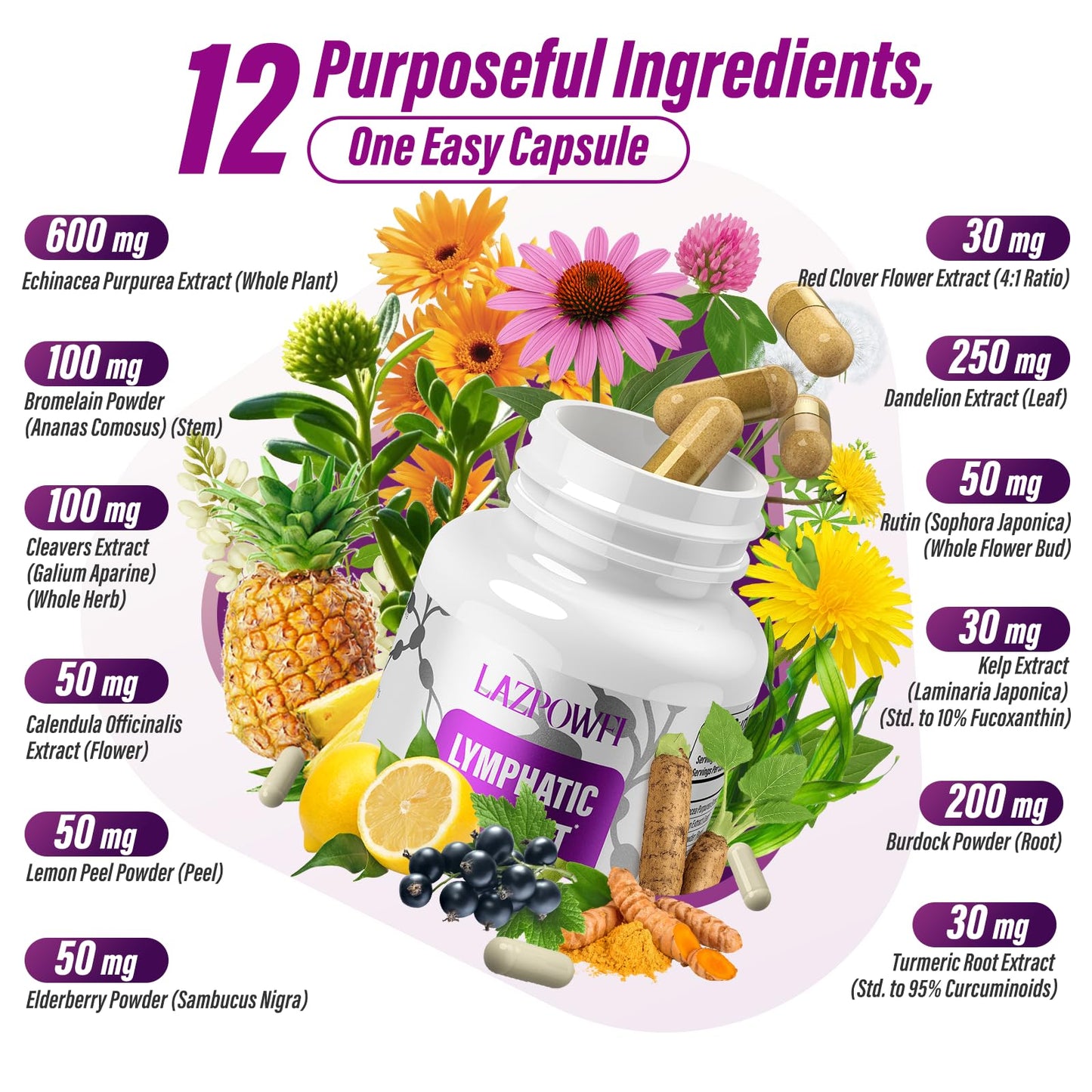 Lazpowfi Lymphatic Drainage Supplements, 1540mg Lymph System Support Supplement for Women & Men with Dandelion, Burdock, Echinacea,Rutin, Turmeric,Cleavers & More, 60 Capsules - dailyvitalstore