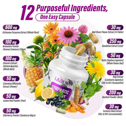 Lazpowfi Lymphatic Drainage Supplements, 1540mg Lymph System Support Supplement for Women & Men with Dandelion, Burdock, Echinacea,Rutin, Turmeric,Cleavers & More, 60 Capsules - dailyvitalstore
