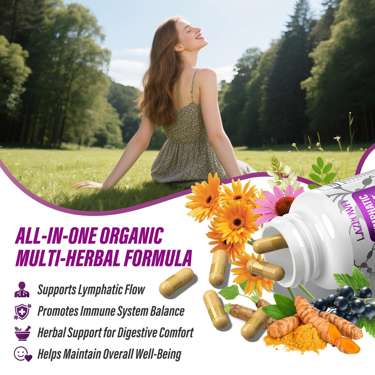 Lazpowfi Lymphatic Drainage Supplements, 1540mg Lymph System Support Supplement for Women & Men with Dandelion, Burdock, Echinacea,Rutin, Turmeric,Cleavers & More, 60 Capsules - dailyvitalstore