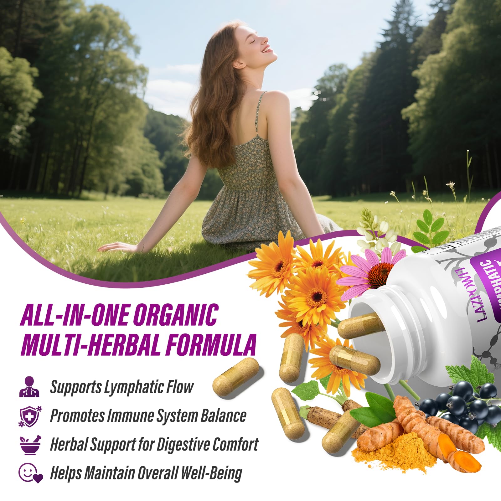Lazpowfi Lymphatic Drainage Supplements, 1540mg Lymph System Support Supplement for Women & Men with Dandelion, Burdock, Echinacea,Rutin, Turmeric,Cleavers & More, 60 Capsules - dailyvitalstore