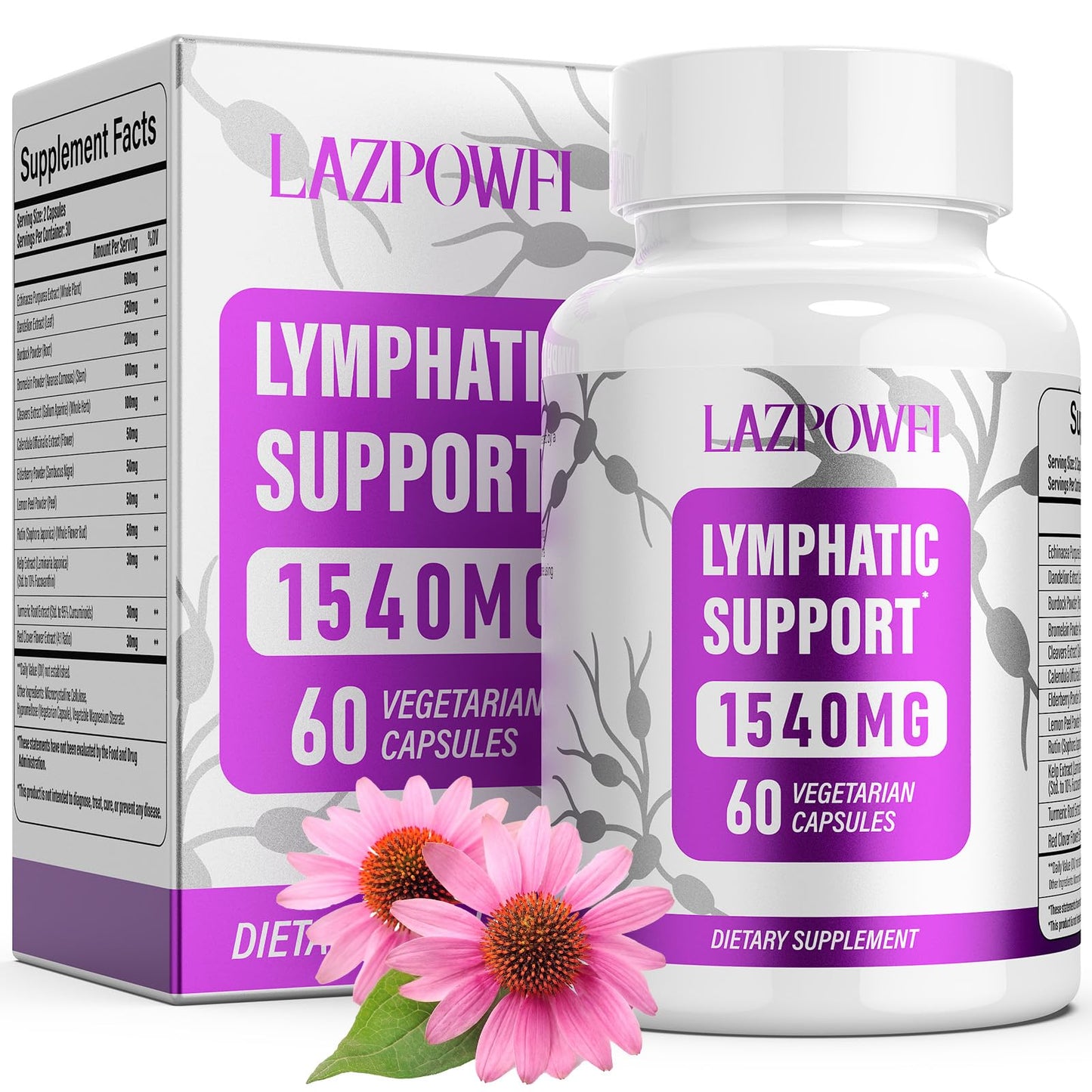 Lazpowfi Lymphatic Drainage Supplements, 1540mg Lymph System Support Supplement for Women & Men with Dandelion, Burdock, Echinacea,Rutin, Turmeric,Cleavers & More, 60 Capsules - dailyvitalstore