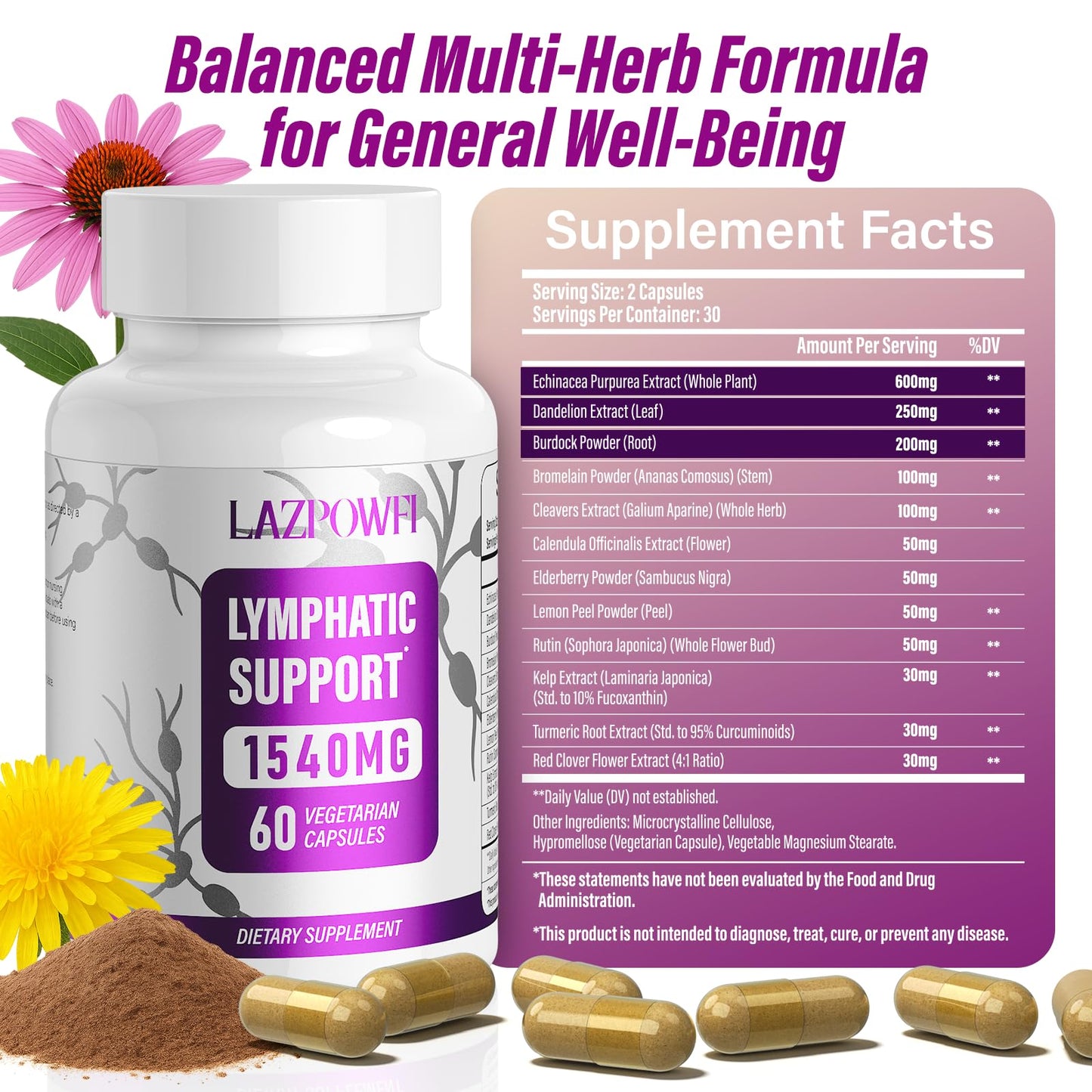 Lazpowfi Lymphatic Drainage Supplements, 1540mg Lymph System Support Supplement for Women & Men with Dandelion, Burdock, Echinacea,Rutin, Turmeric,Cleavers & More, 60 Capsules - dailyvitalstore