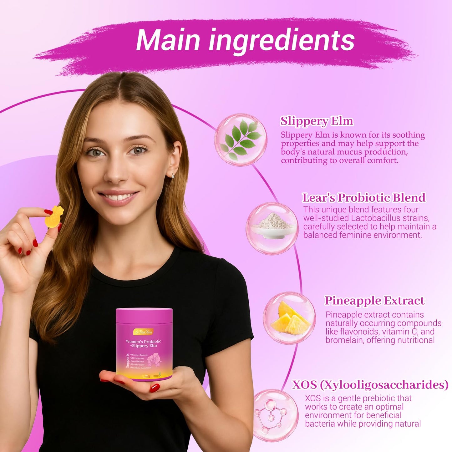 Le Tian Xian Her Juicy Feminine Probiotics Gummies for Women with Slippery Elm, Prebiotics & Lactobacillus - for pH Balance & Digestive Health, Tropical Pineapple Flavor, 60 Count - dailyvitalstore