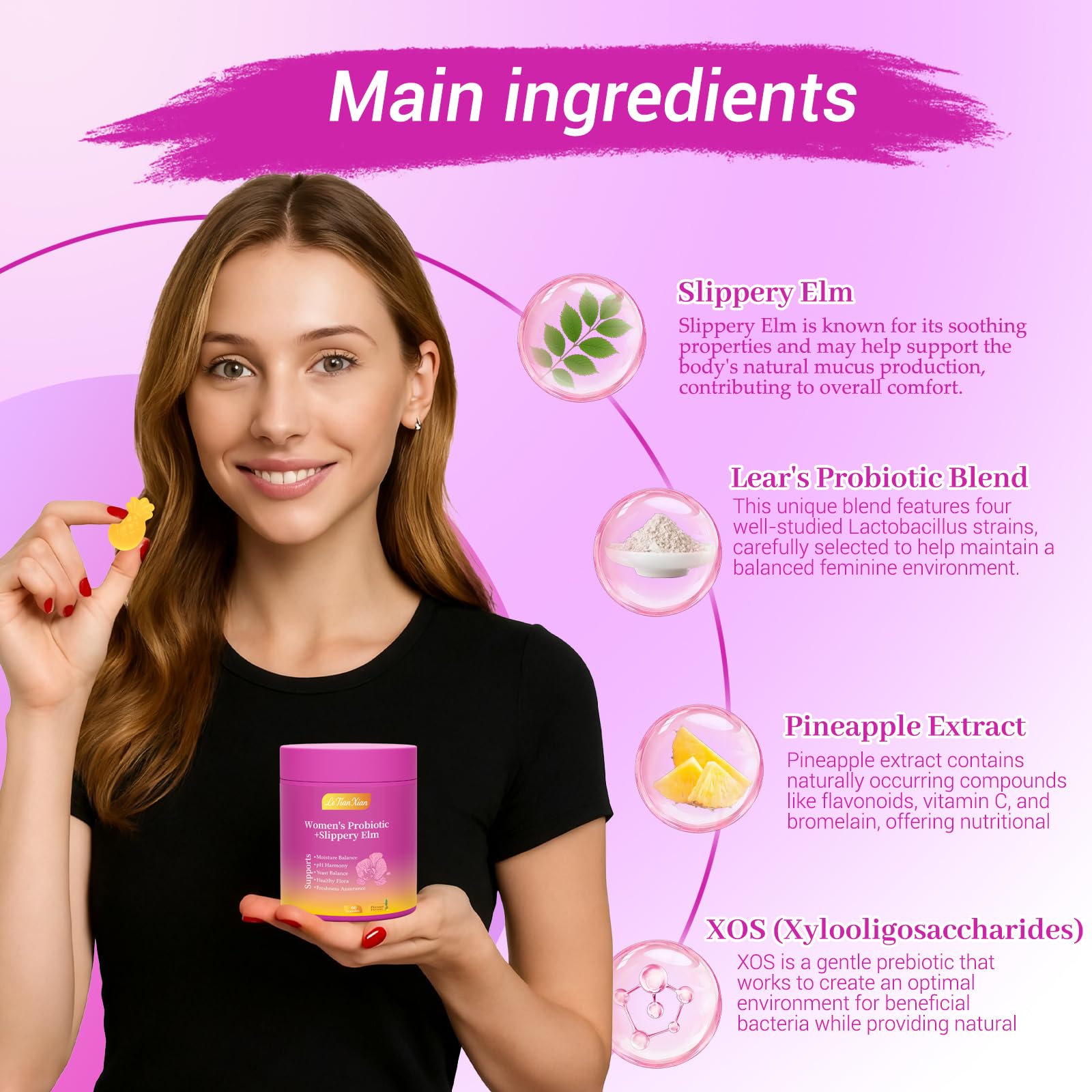 Le Tian Xian Her Juicy Feminine Probiotics Gummies for Women with Slippery Elm, Prebiotics & Lactobacillus - for pH Balance & Digestive Health, Tropical Pineapple Flavor, 60 Count - dailyvitalstore